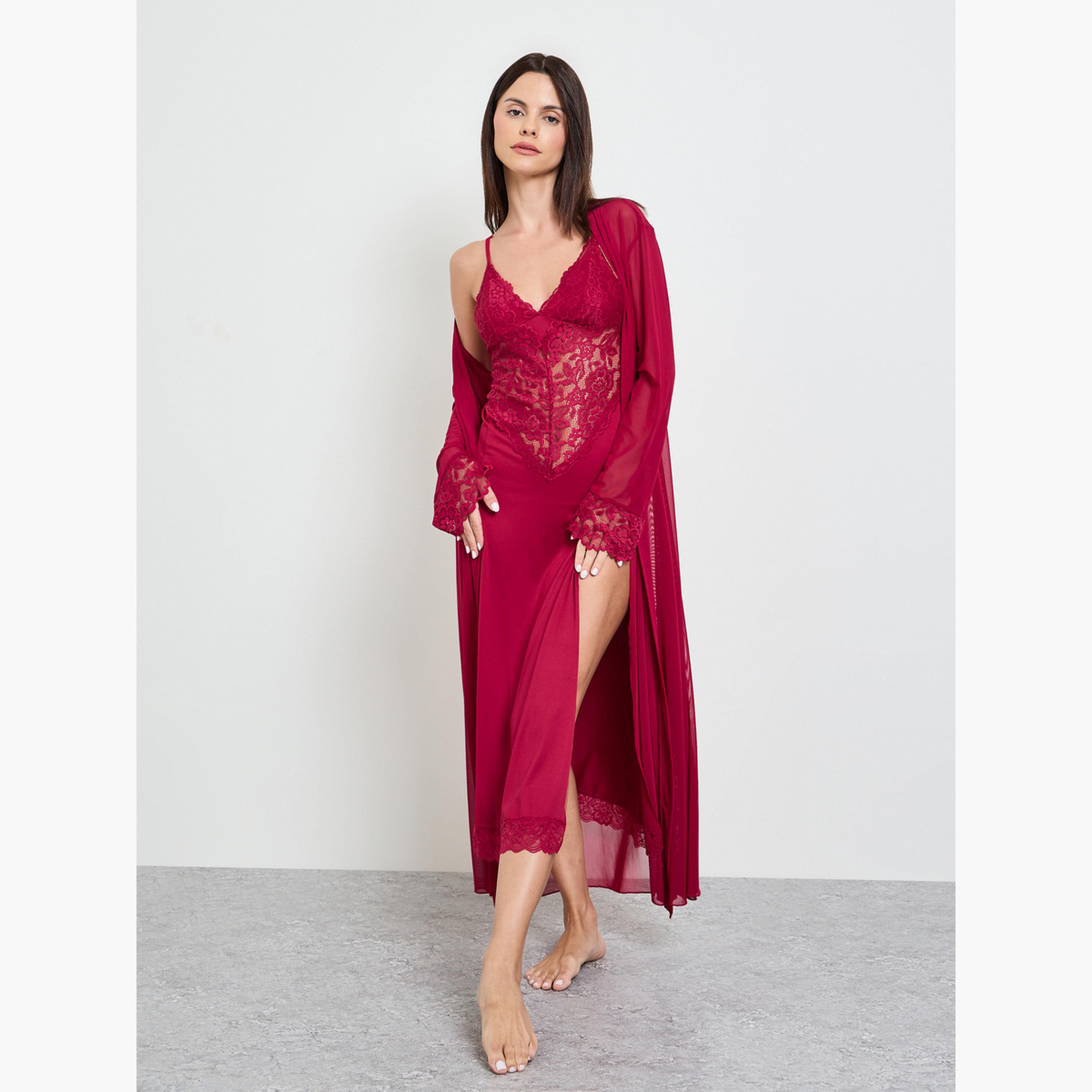 Take Two Burgundy Pack of 2 - Lace Slip and Robe Set-women-clothing-nightwear-robes-image-1