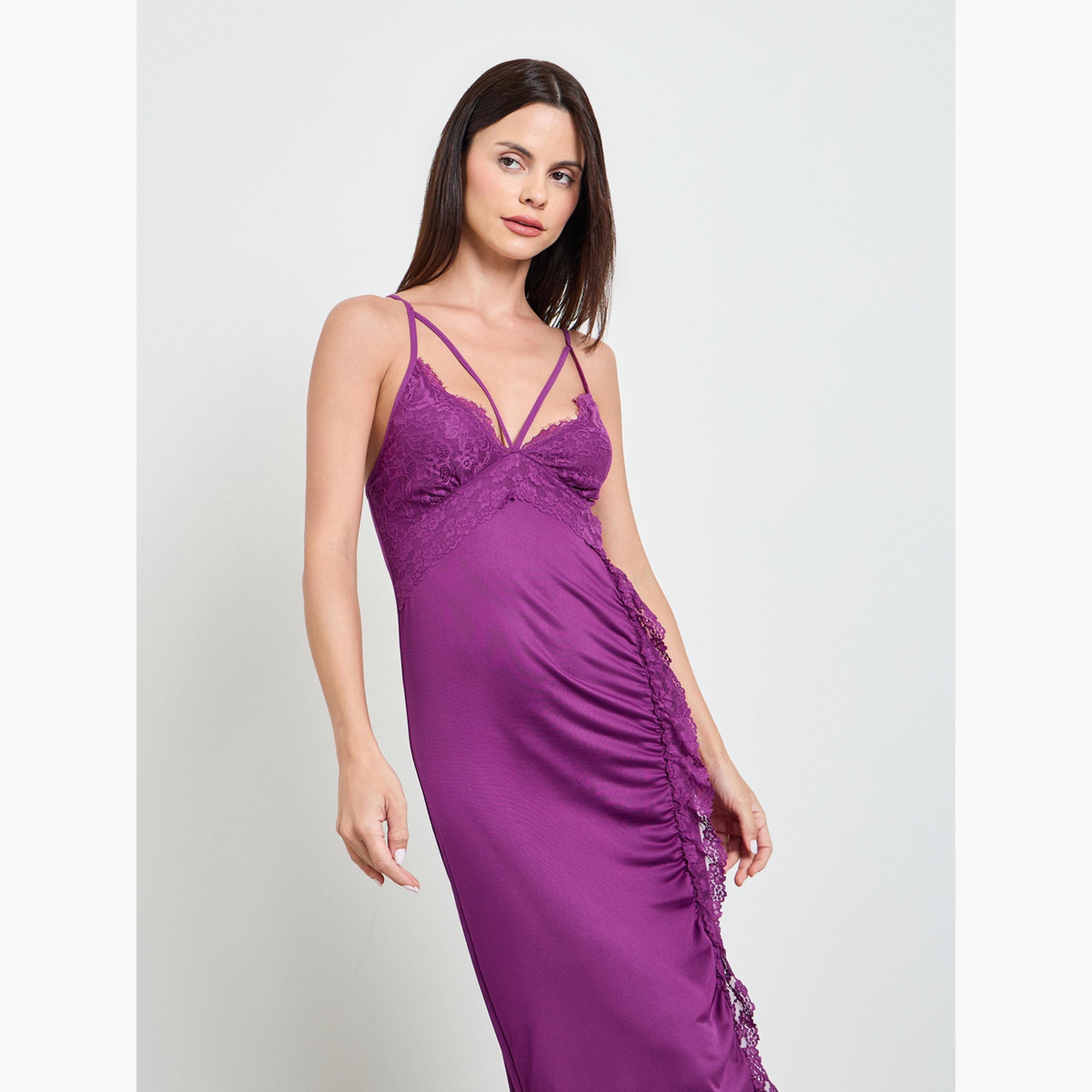Take Two Purple Lace Trim Ruched Slip Dress-women-clothing-nightwear-nighties-image-3