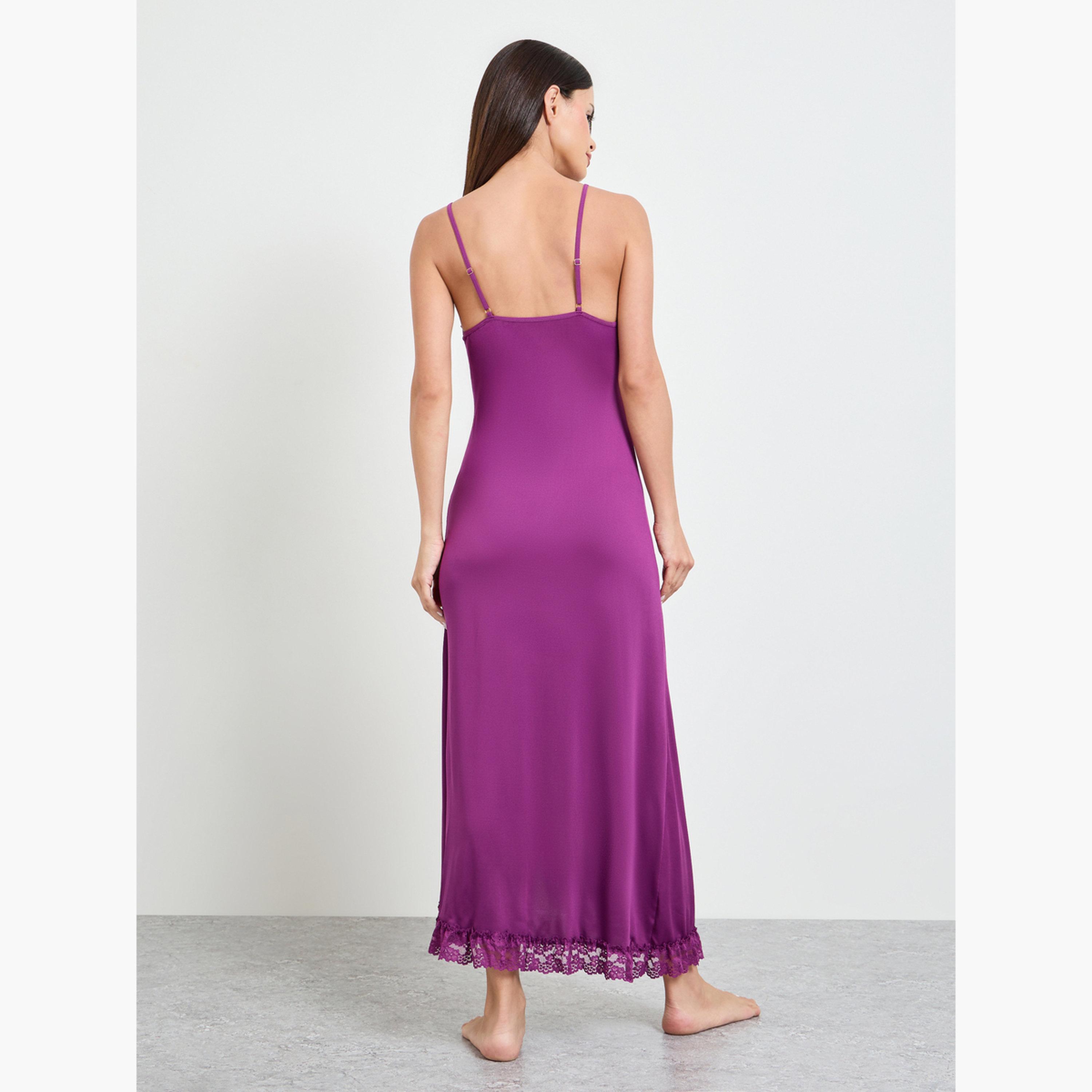 Take Two Purple Lace Trim Ruched Slip Dress-women-clothing-nightwear-nighties-image-4