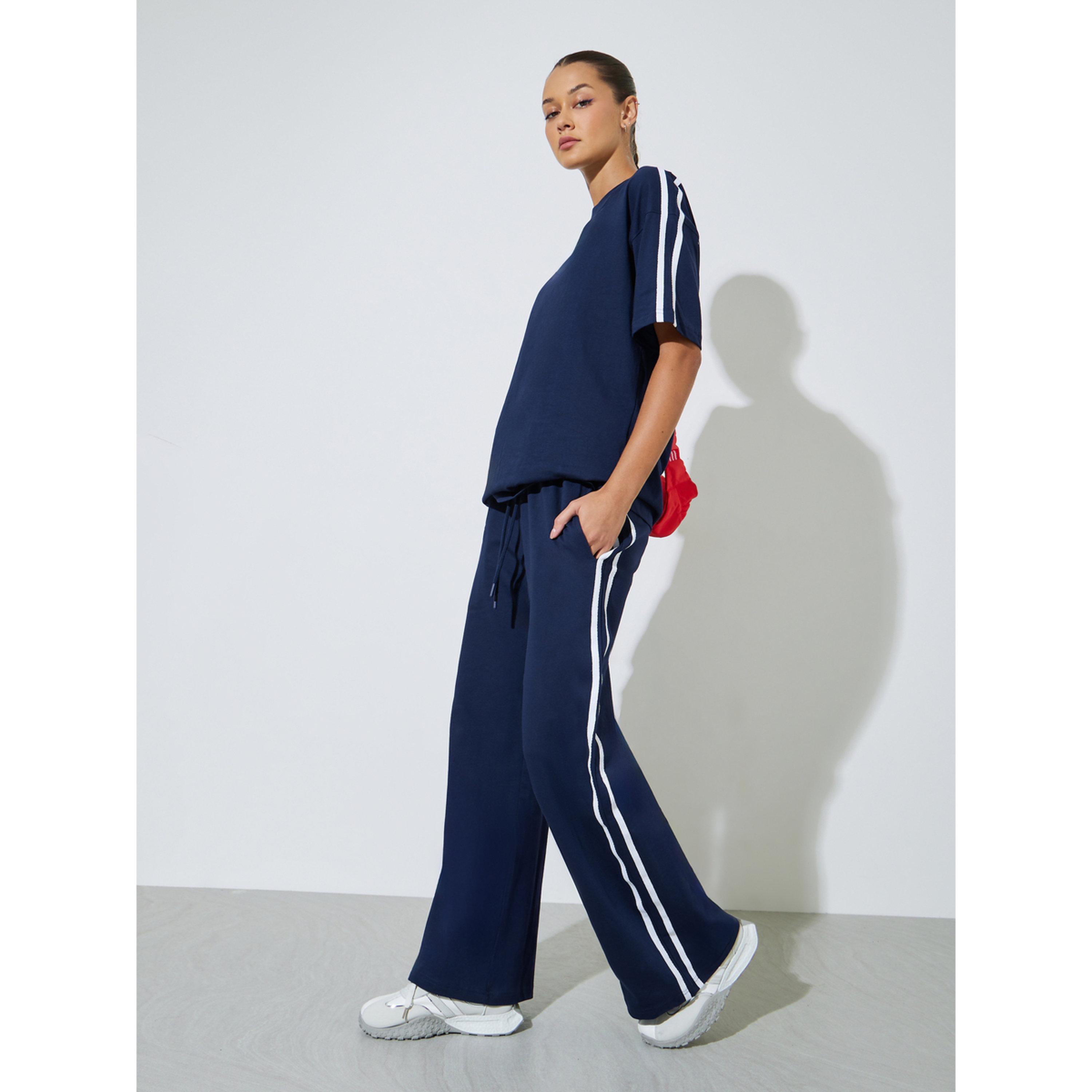 Styli Navy Blue Side Striped T-Shirt and Wide Leg Joggers Set-women-clothing-coordsets-image-1