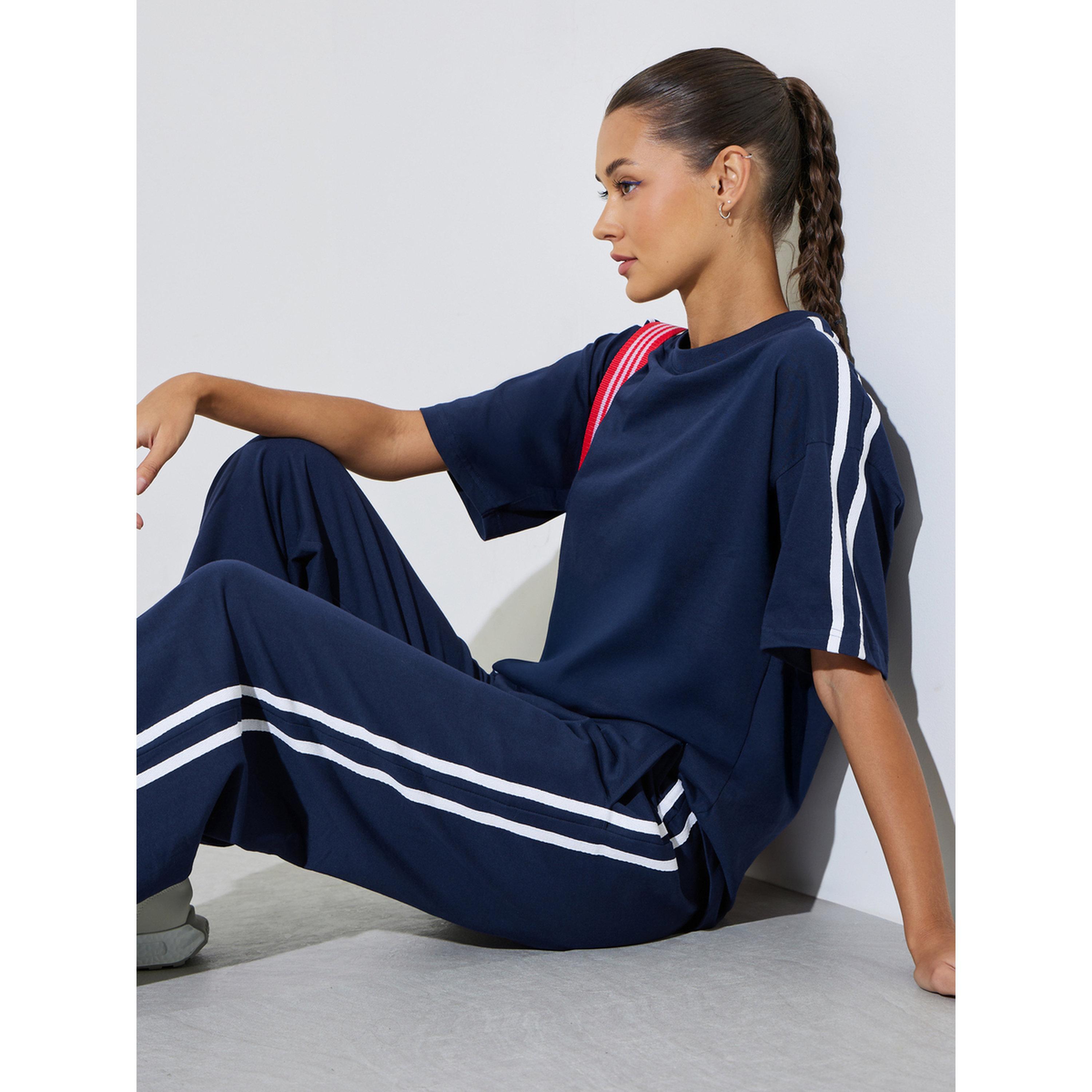 Styli Navy Blue Side Striped T-Shirt and Wide Leg Joggers Set-women-clothing-coordsets-image-2