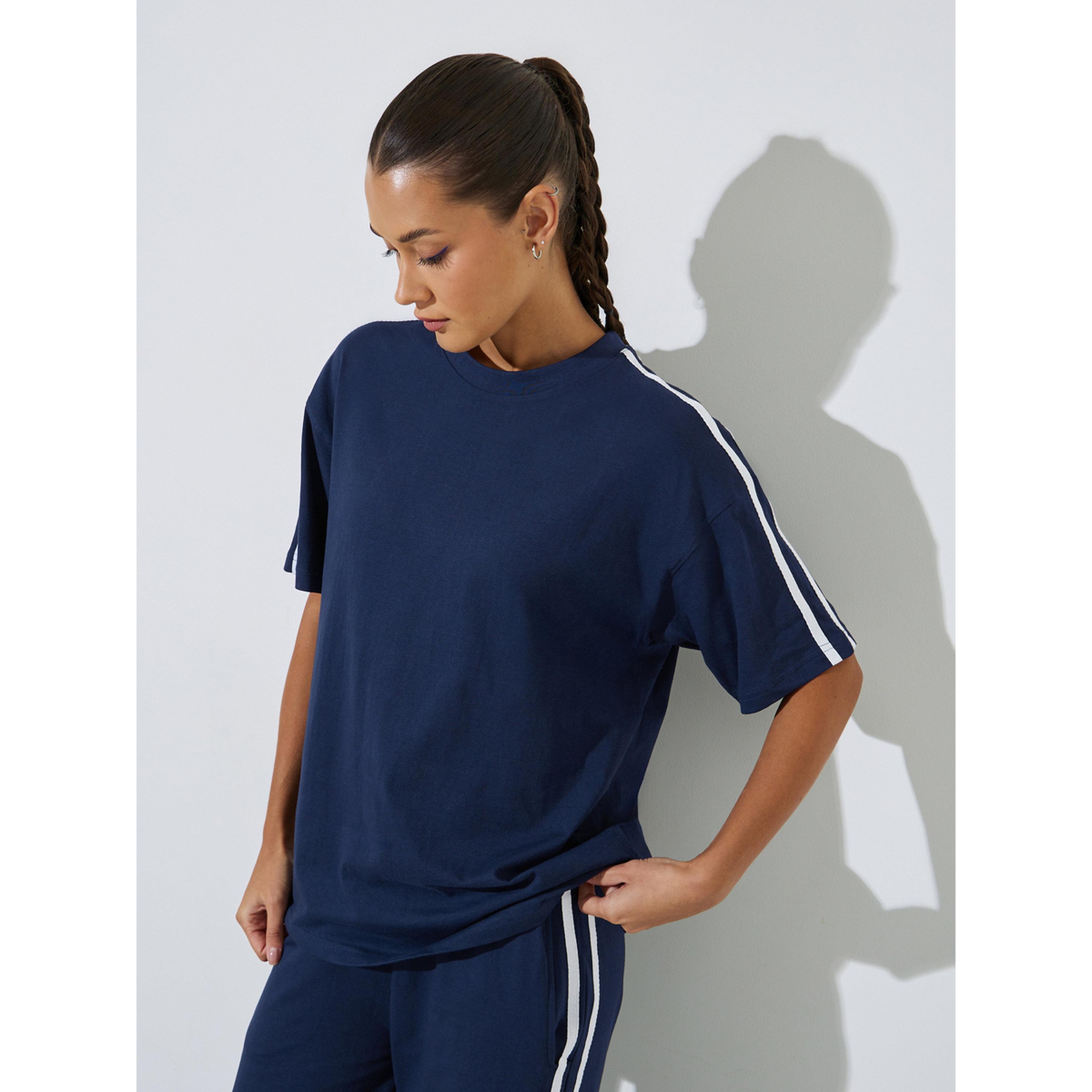 Styli Navy Blue Side Striped T-Shirt and Wide Leg Joggers Set-women-clothing-coordsets-image-3