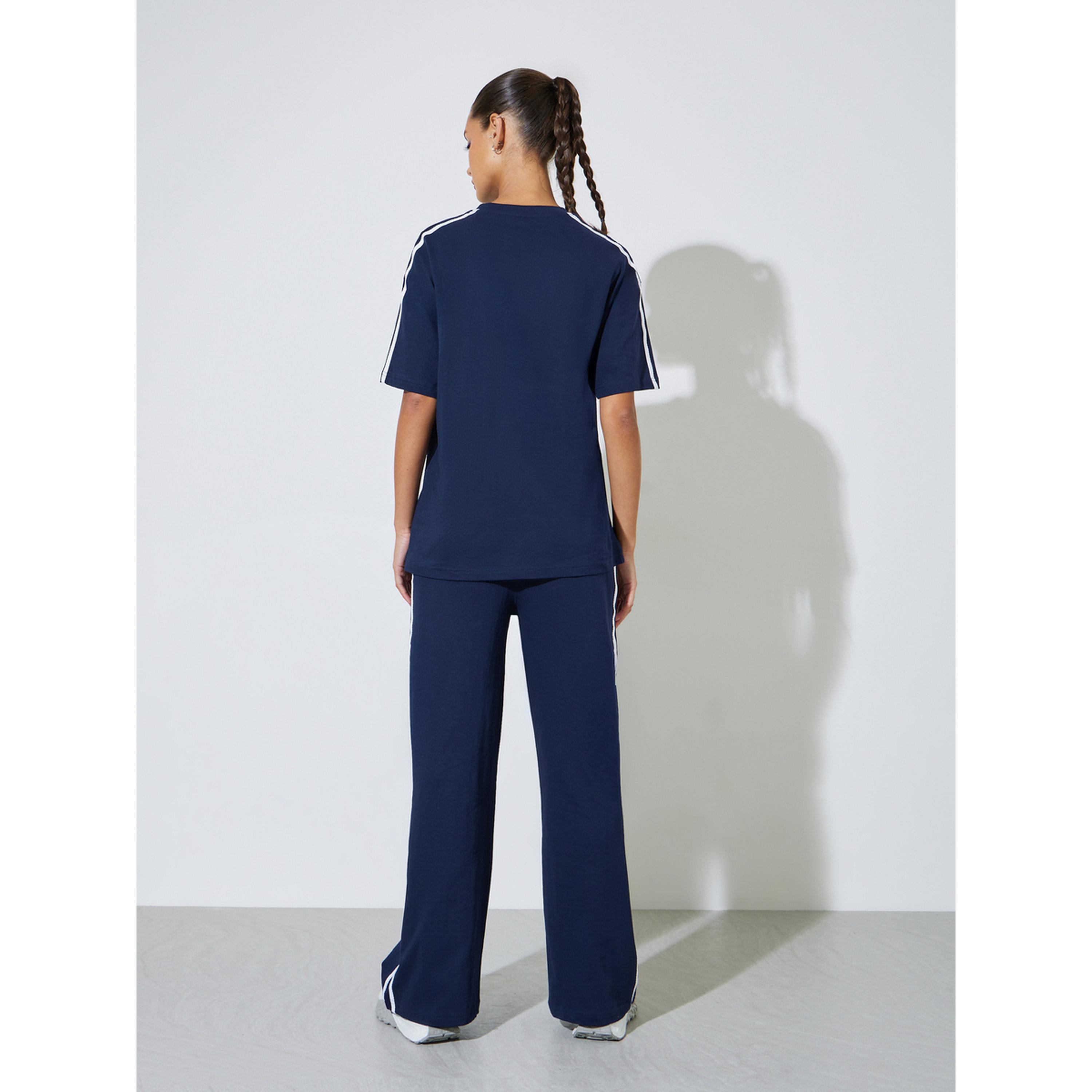 Styli Navy Blue Side Striped T-Shirt and Wide Leg Joggers Set-women-clothing-coordsets-image-4