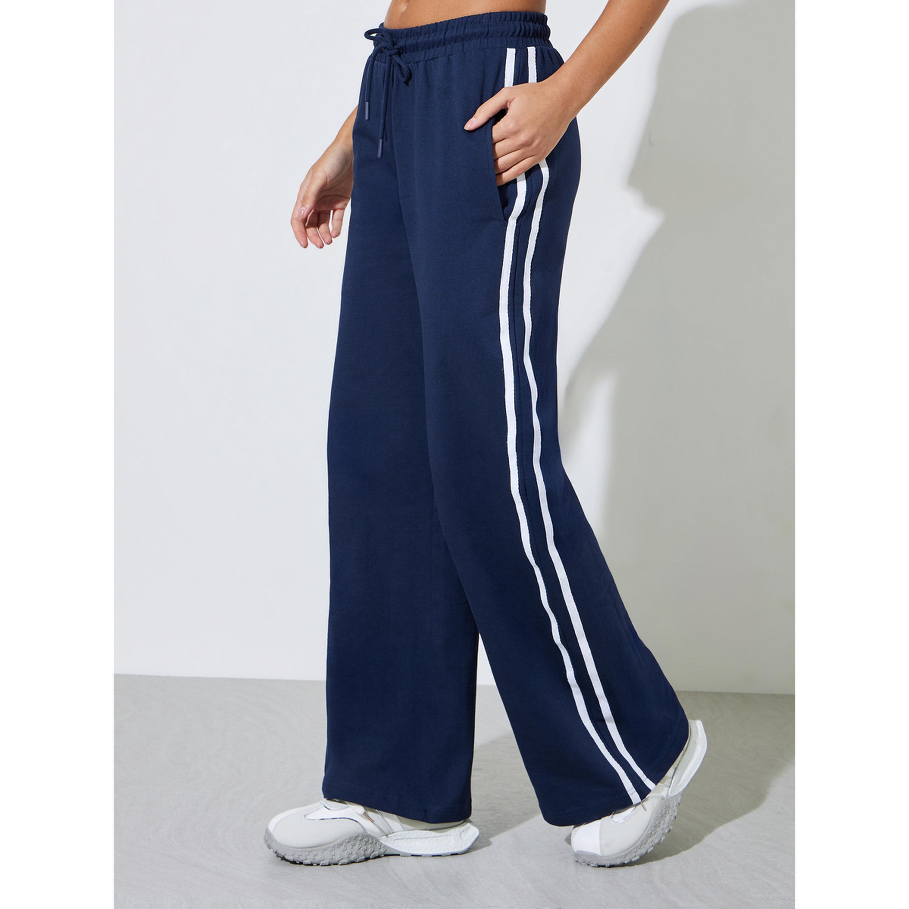 Styli Navy Blue Side Striped T-Shirt and Wide Leg Joggers Set-women-clothing-coordsets-image-5