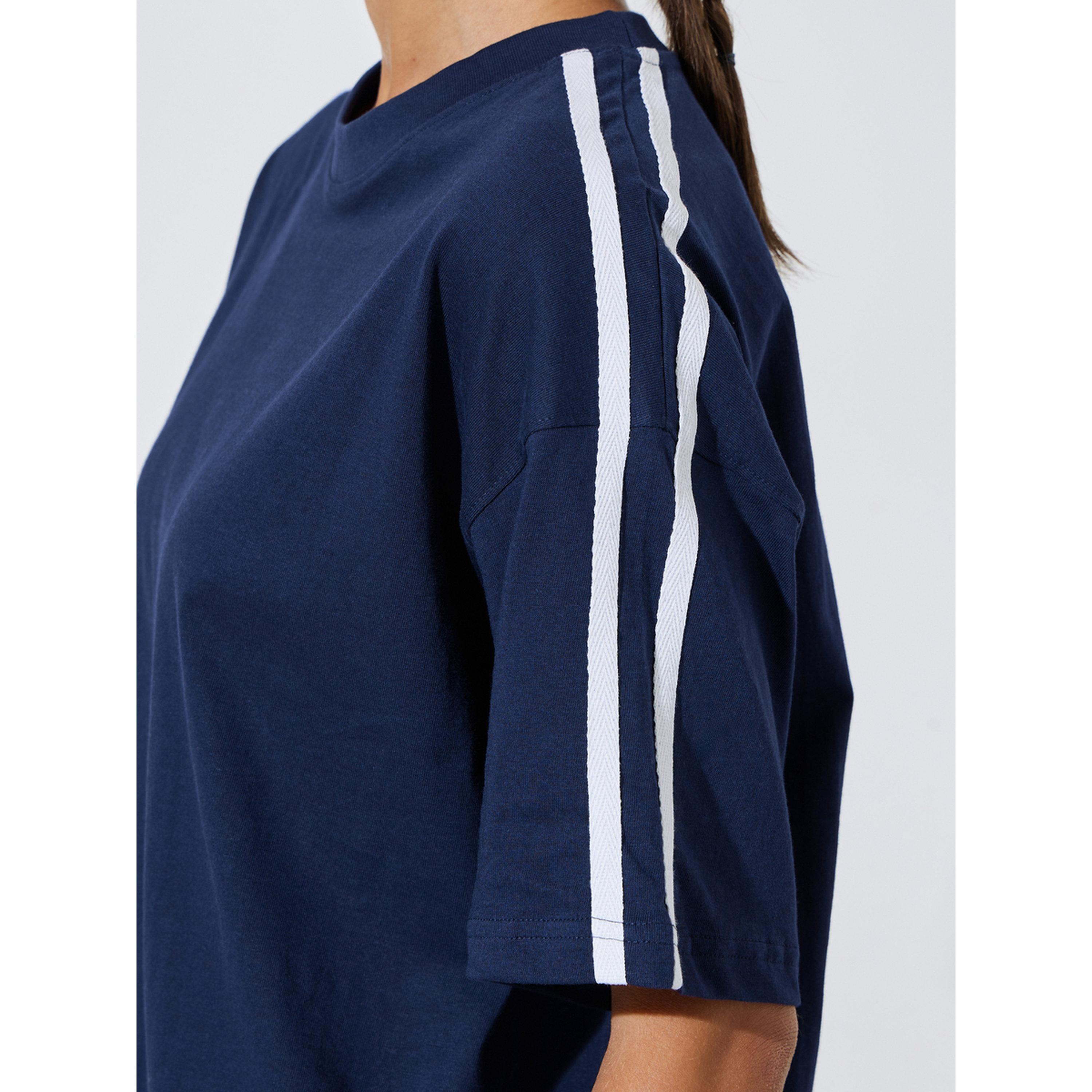 Styli Navy Blue Side Striped T-Shirt and Wide Leg Joggers Set-women-clothing-coordsets-image-6