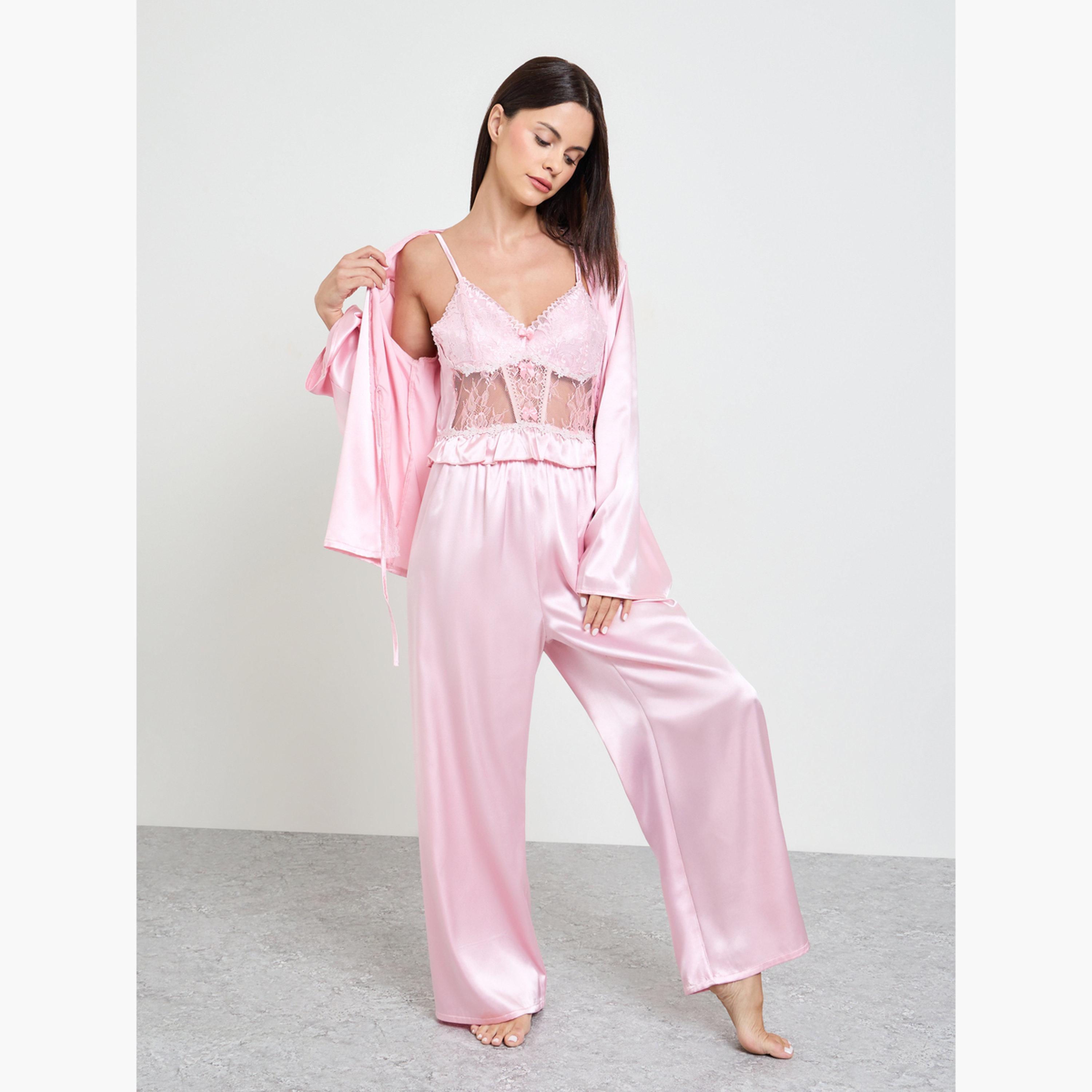 Take Two Pink Pack of 3 - Satin Lace Cami, Robe and Pyjama Set-women-clothing-nightwear-pyjamas-longsets-image-1