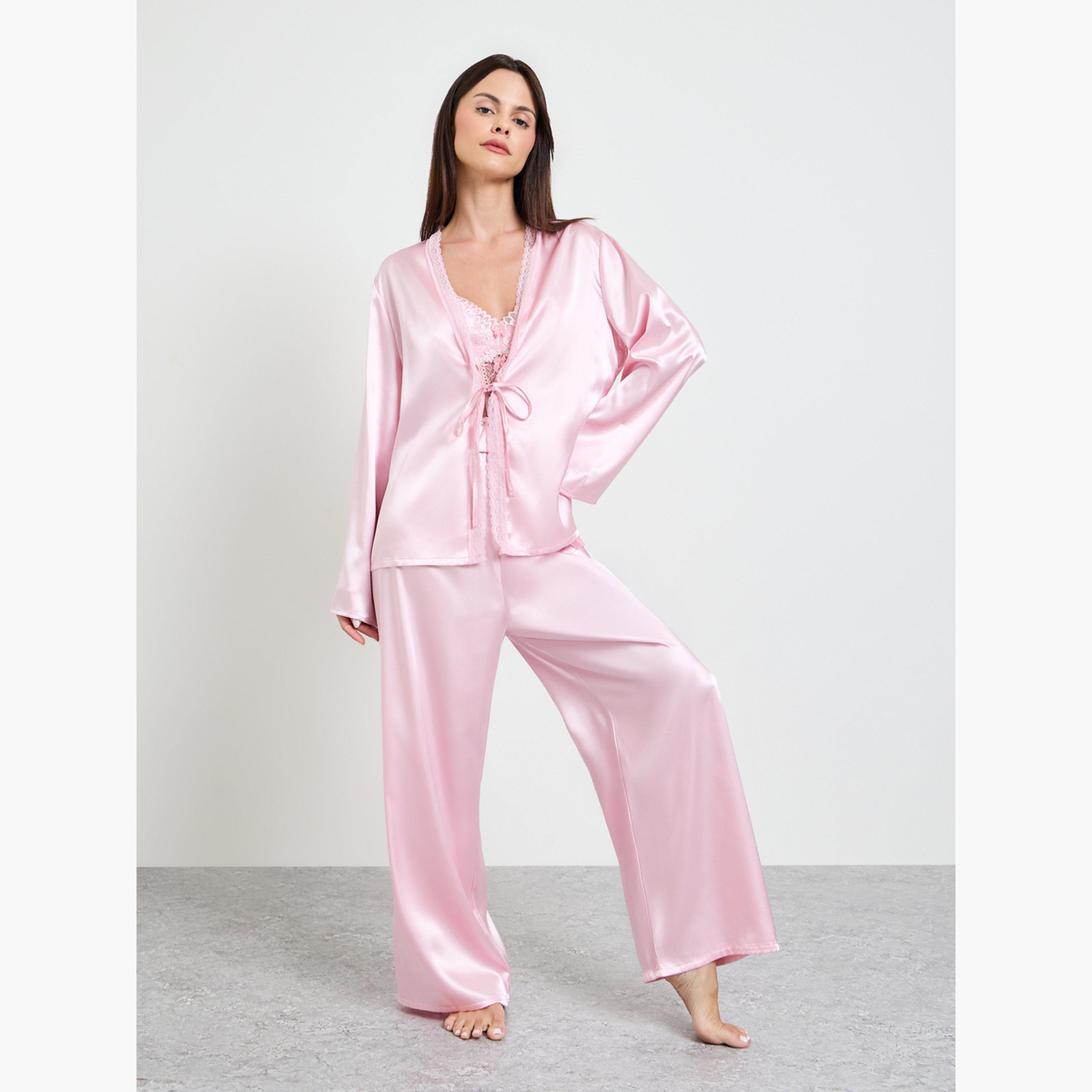 Take Two Pink Pack of 3 - Satin Lace Cami, Robe and Pyjama Set-women-clothing-nightwear-pyjamas-longsets-image-2