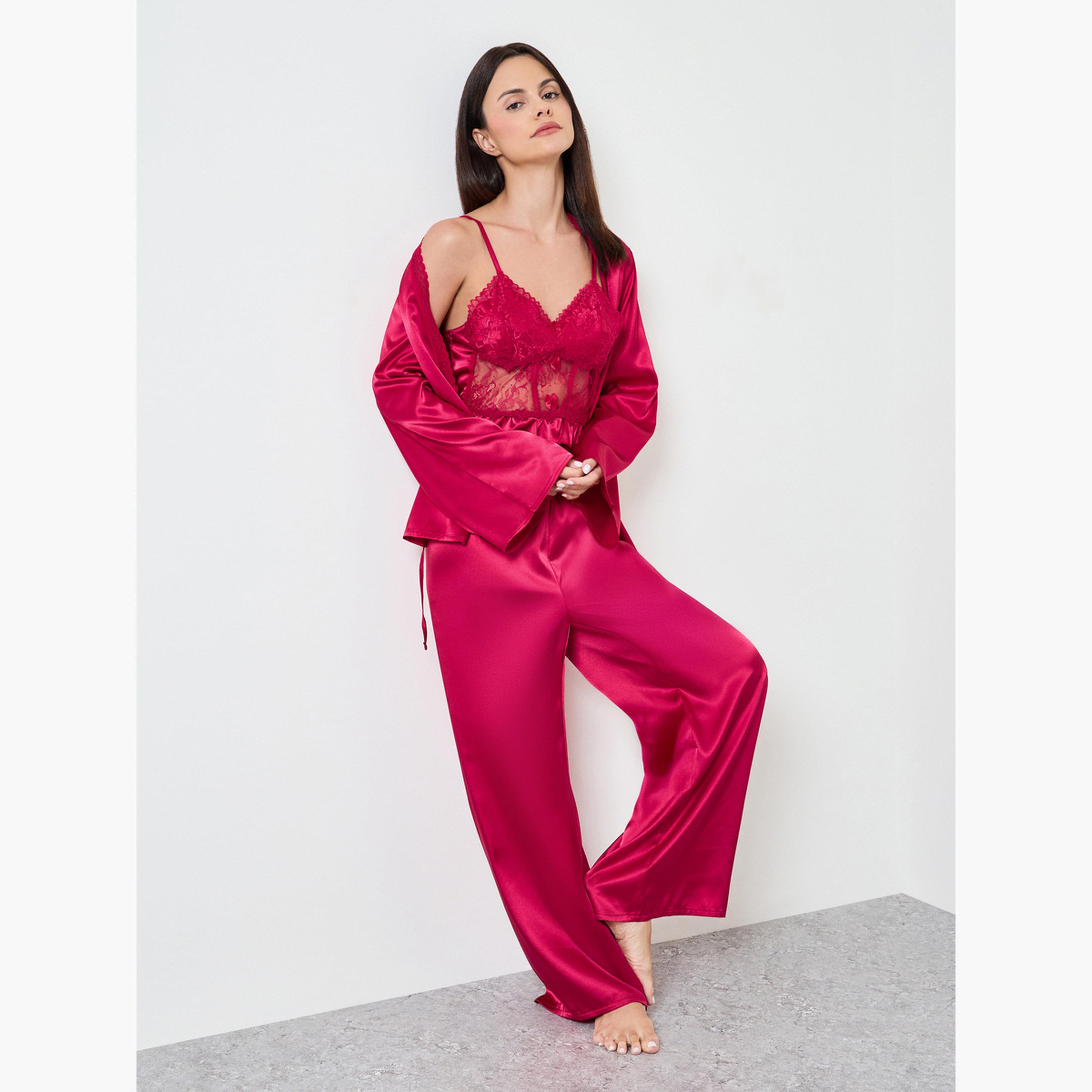 طقم بيجاما من روب وبلوزة بحمالات دانتيل ساتان باللون البرغندي-women-clothing-nightwear-pyjamas-longsets-image-1