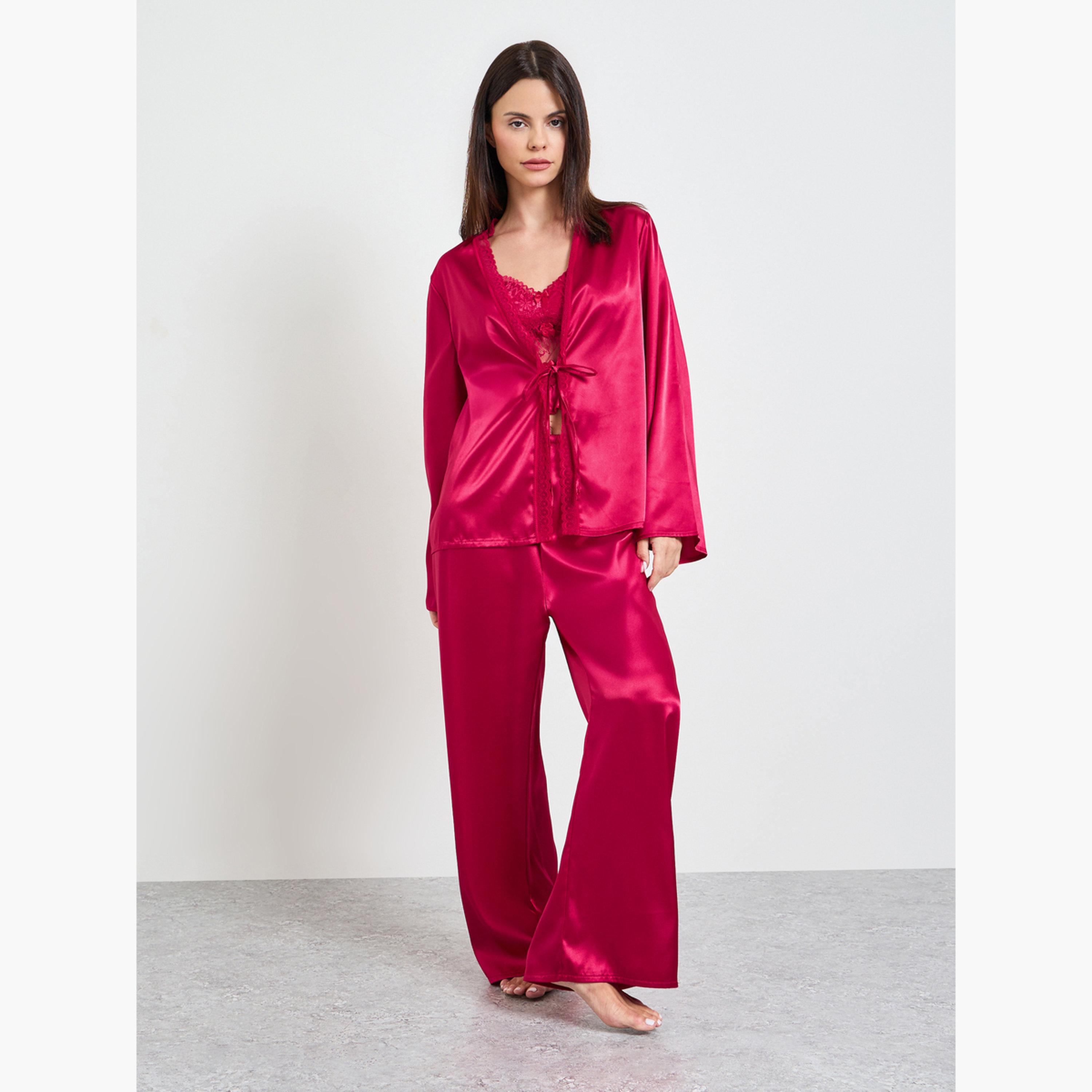 طقم بيجاما من روب وبلوزة بحمالات دانتيل ساتان باللون البرغندي-women-clothing-nightwear-pyjamas-longsets-image-2