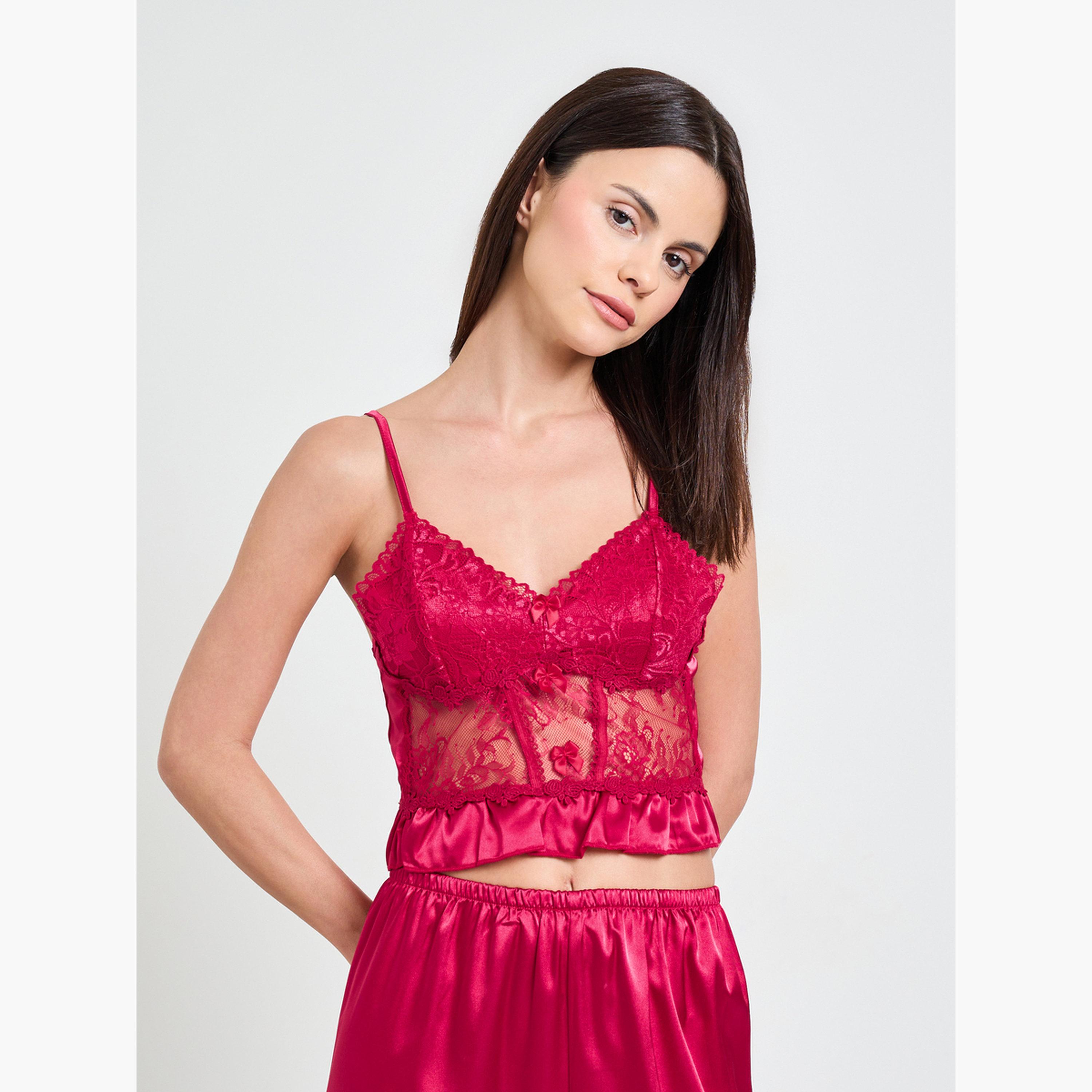 طقم بيجاما من روب وبلوزة بحمالات دانتيل ساتان باللون البرغندي-women-clothing-nightwear-pyjamas-longsets-image-3