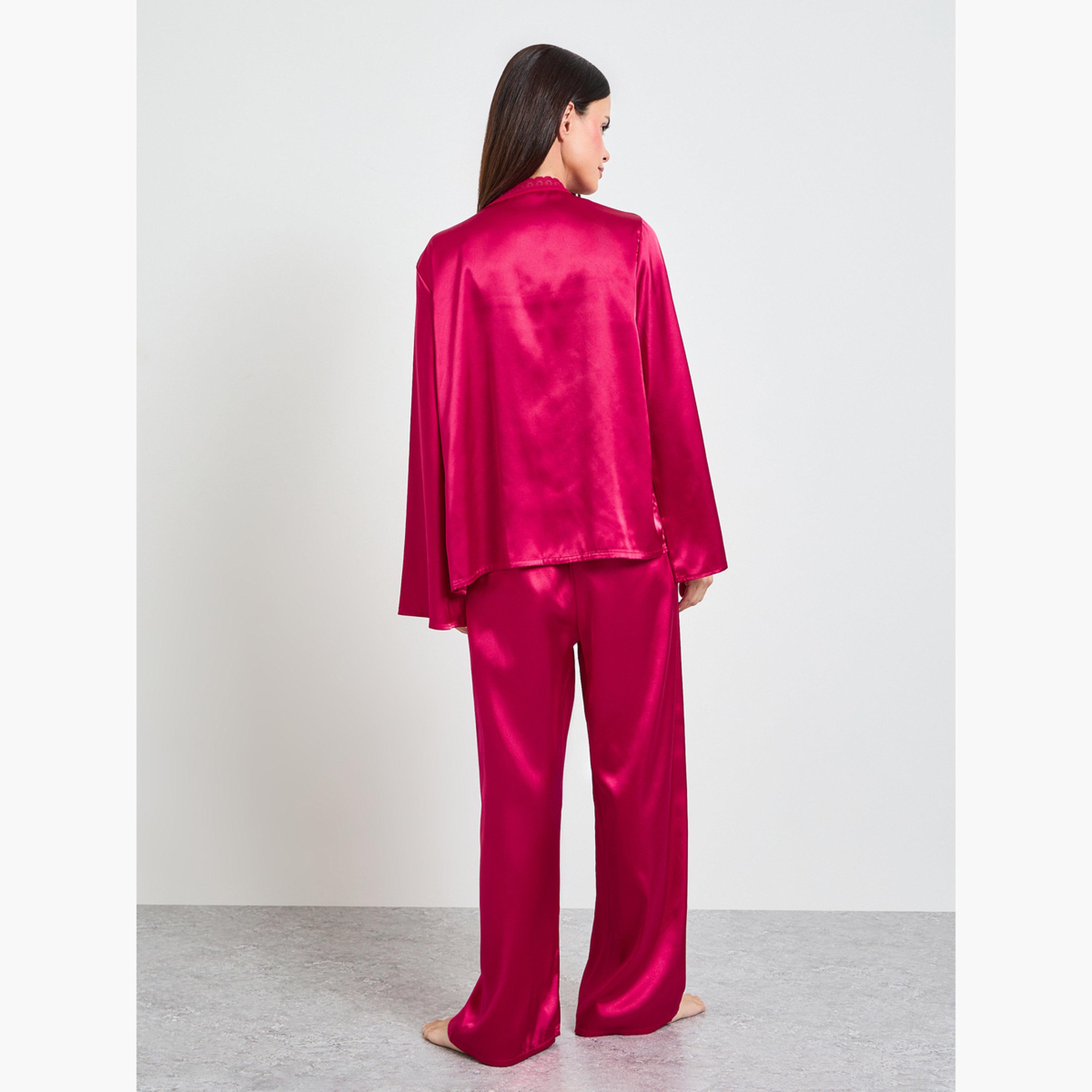 طقم بيجاما من روب وبلوزة بحمالات دانتيل ساتان باللون البرغندي-women-clothing-nightwear-pyjamas-longsets-image-4