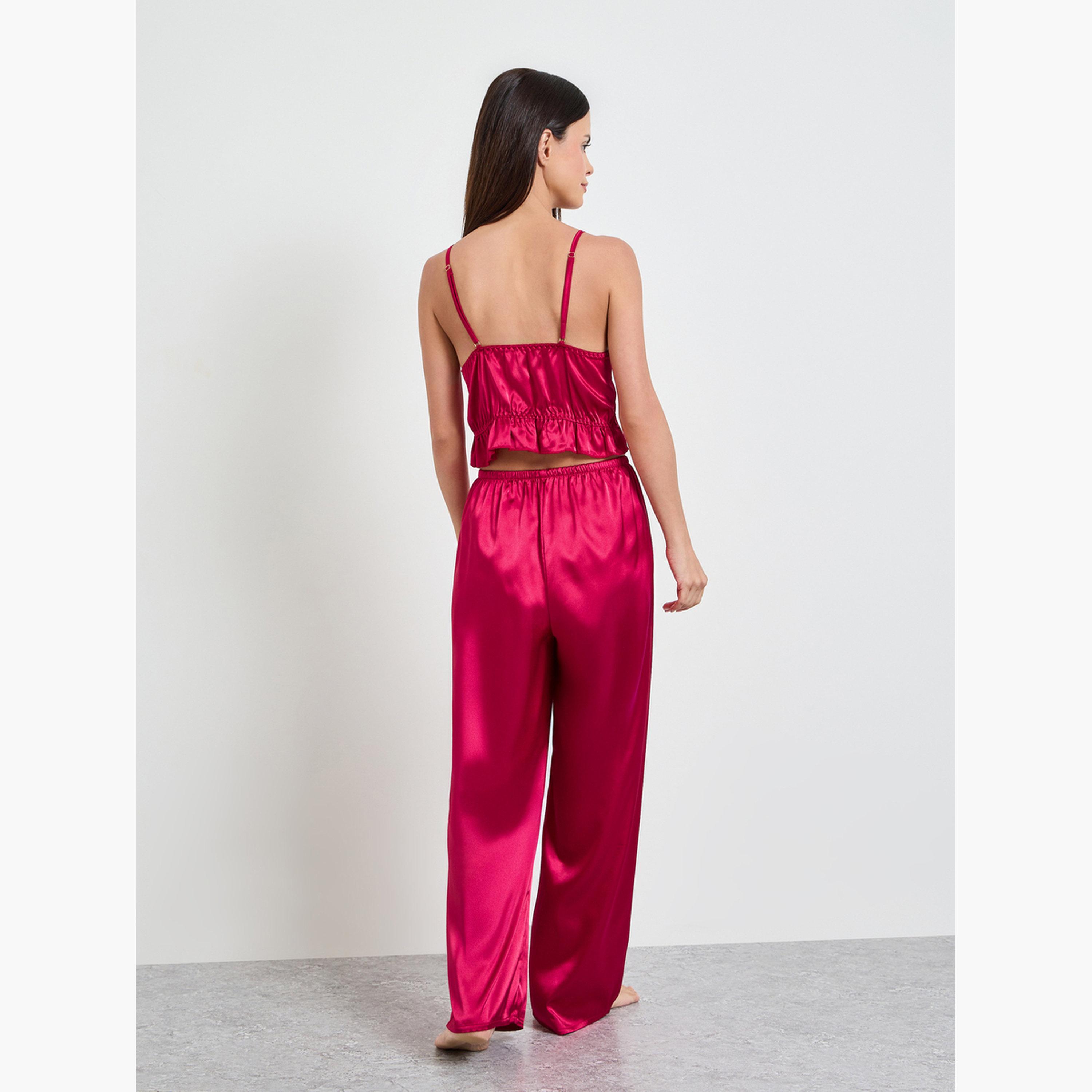 طقم بيجاما من روب وبلوزة بحمالات دانتيل ساتان باللون البرغندي-women-clothing-nightwear-pyjamas-longsets-image-5