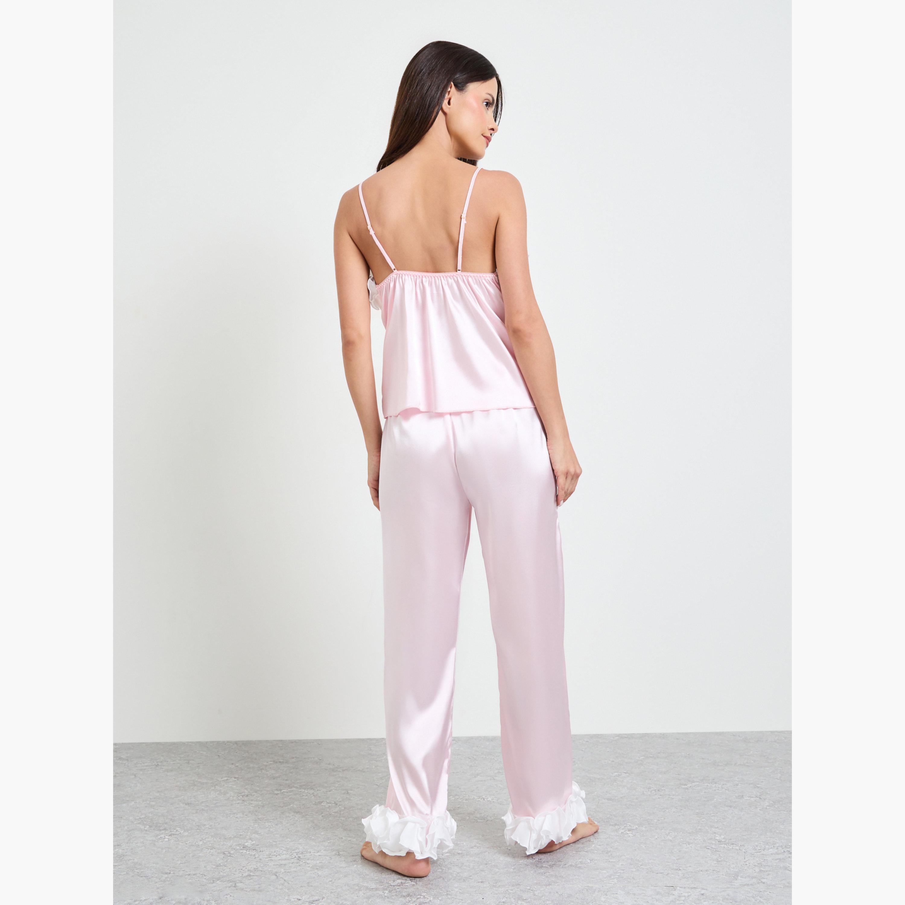 طقم بيجاما من بنطال بقصة مستقيمة وكامي بكشكش فاتح-women-clothing-nightwear-pyjamas-longsets-image-3