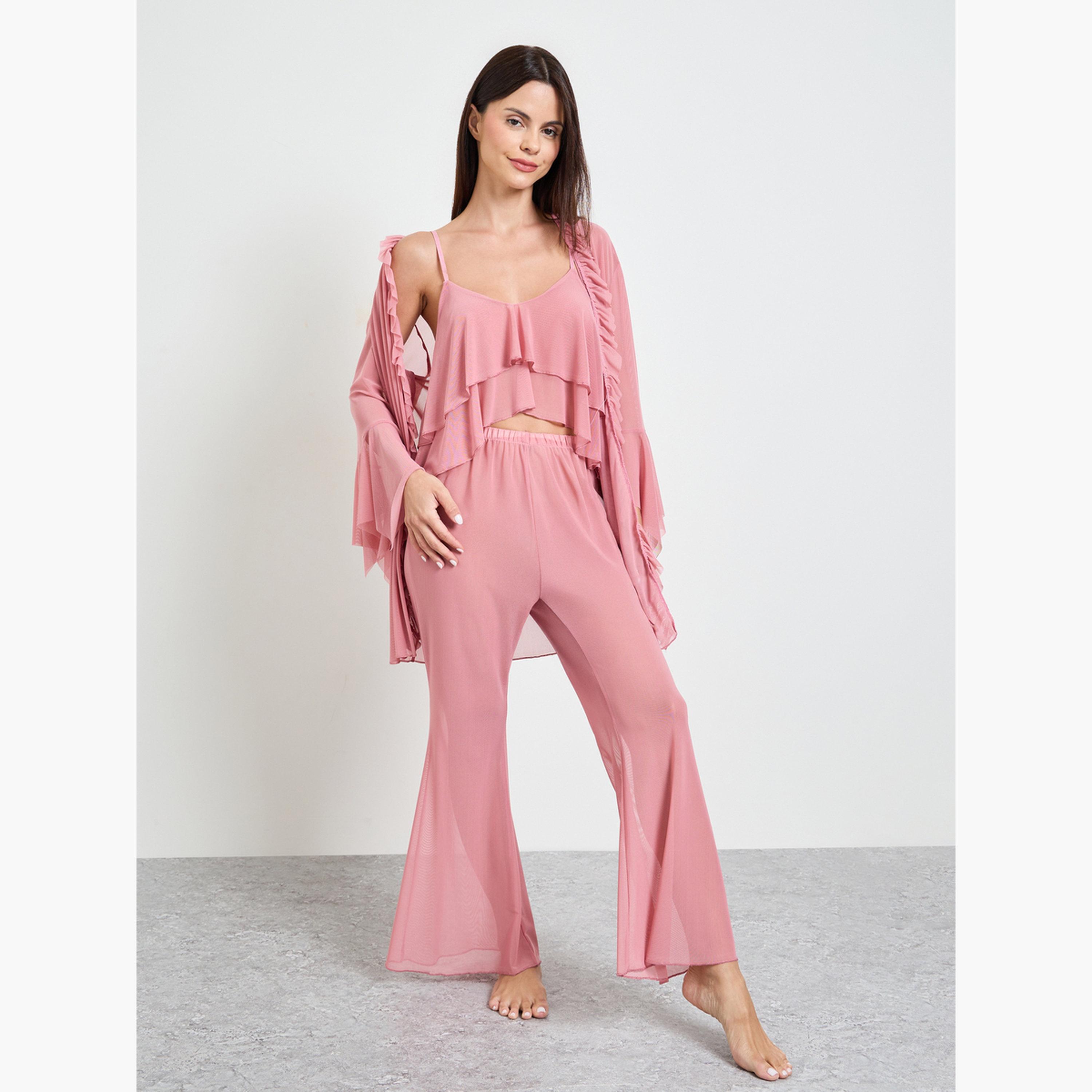 Take Two Pink Pack of 3 - Ruffle Cropped Camisole, Flare Pants and Robe Set-women-clothing-nightwear-pyjamas-longsets-image-1