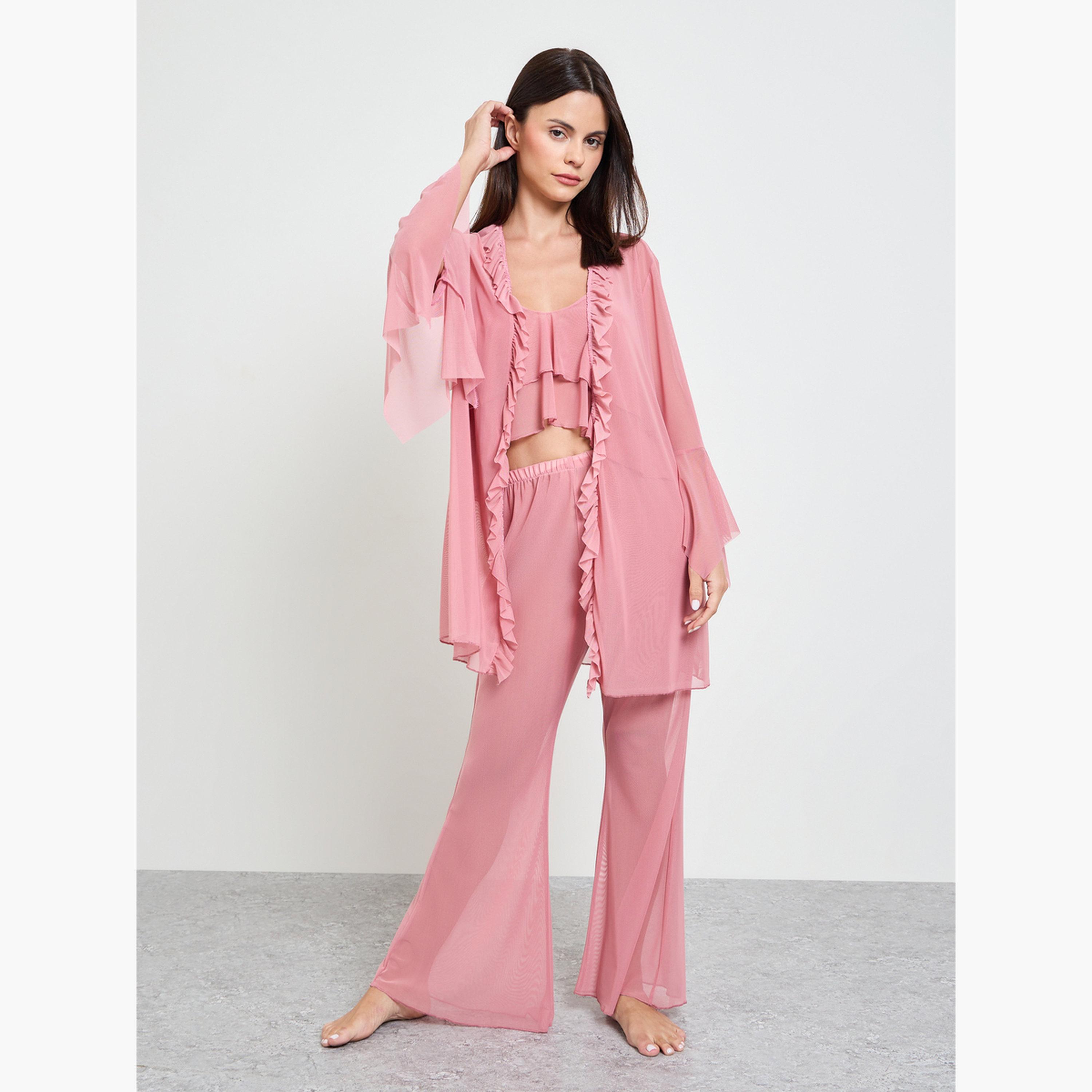 Take Two Pink Pack of 3 - Ruffle Cropped Camisole, Flare Pants and Robe Set-women-clothing-nightwear-pyjamas-longsets-image-2