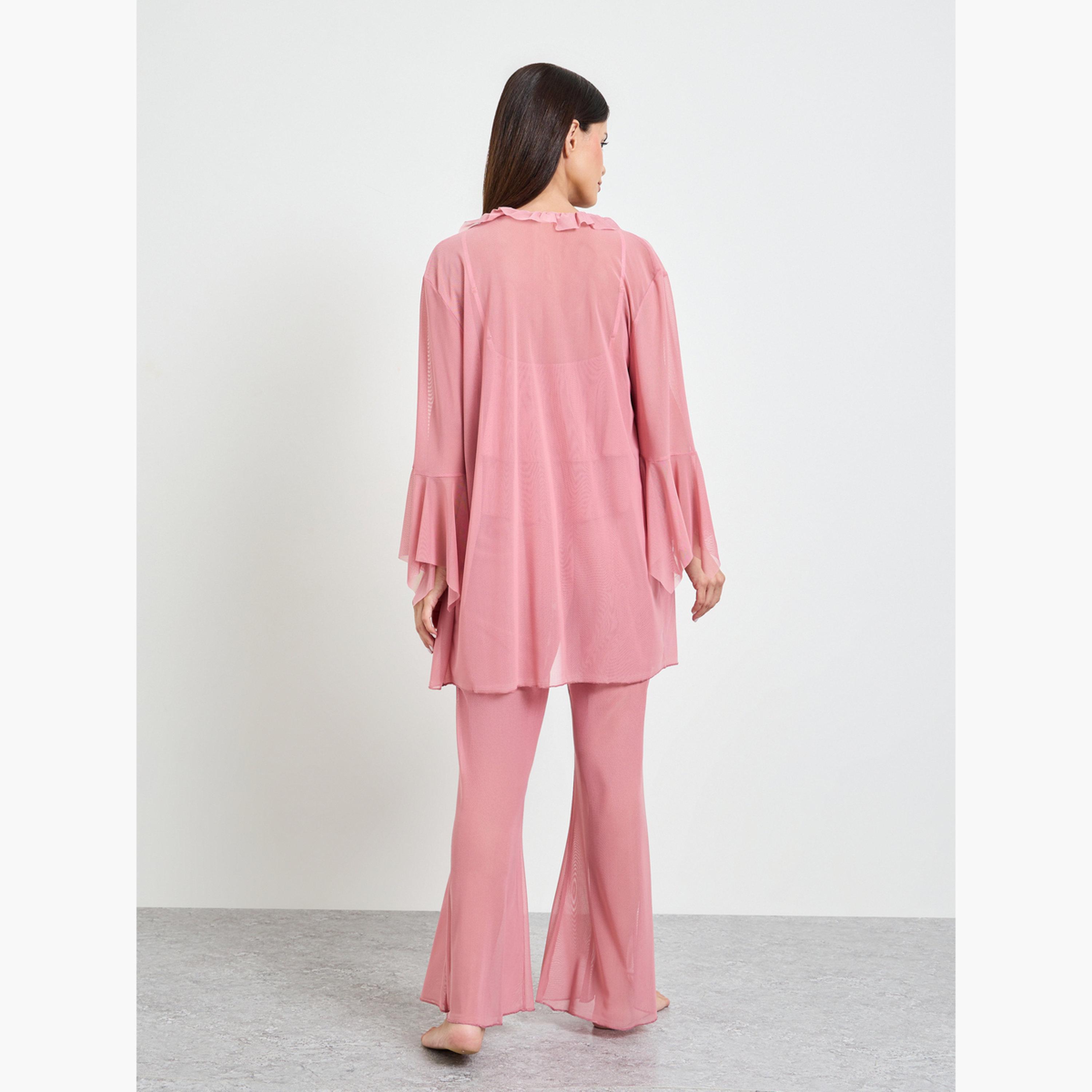 مجموعة من 3 قطع كاميسول قصير بكشكش وبنطال واسع وروب-women-clothing-nightwear-pyjamas-longsets-image-4