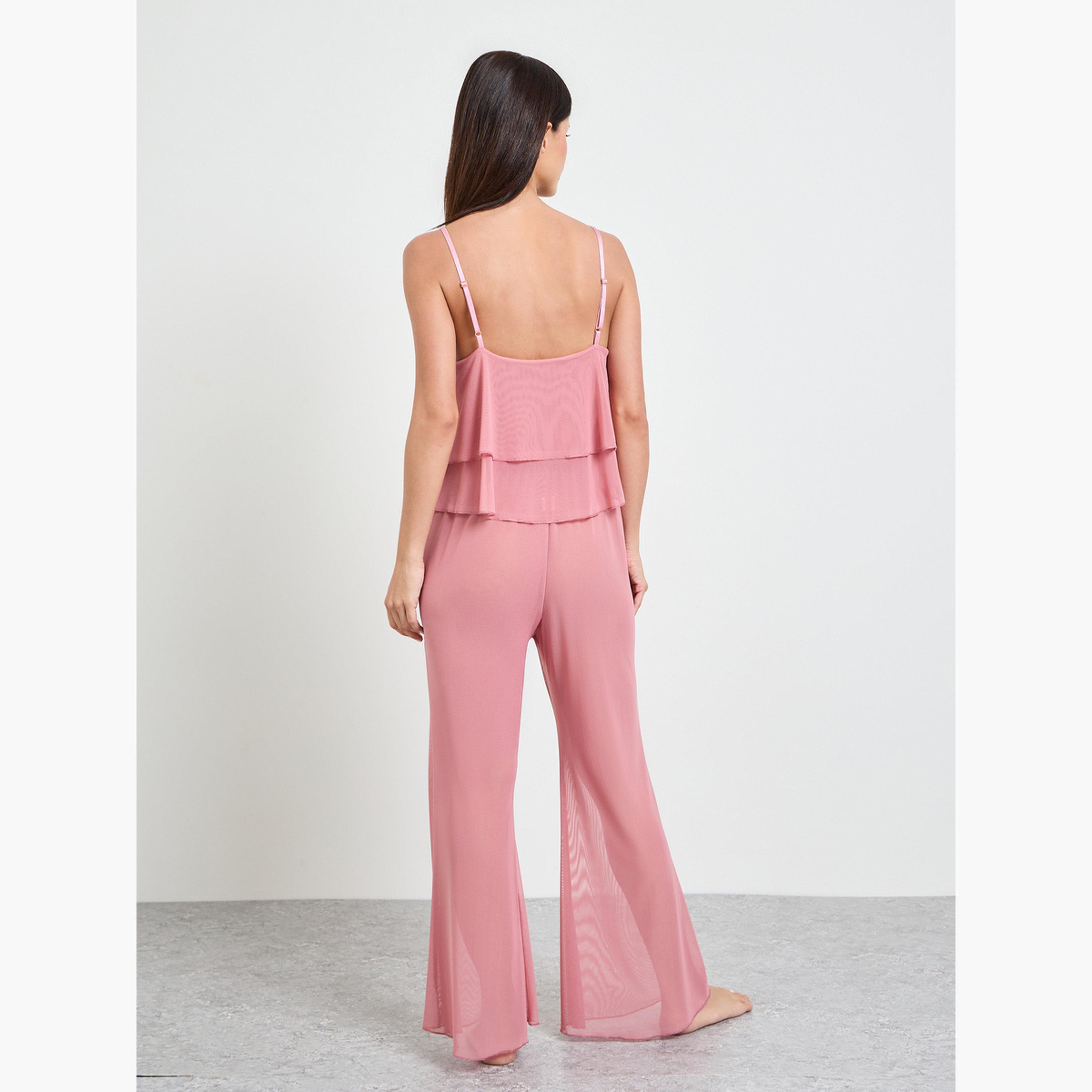 مجموعة من 3 قطع كاميسول قصير بكشكش وبنطال واسع وروب-women-clothing-nightwear-pyjamas-longsets-image-6