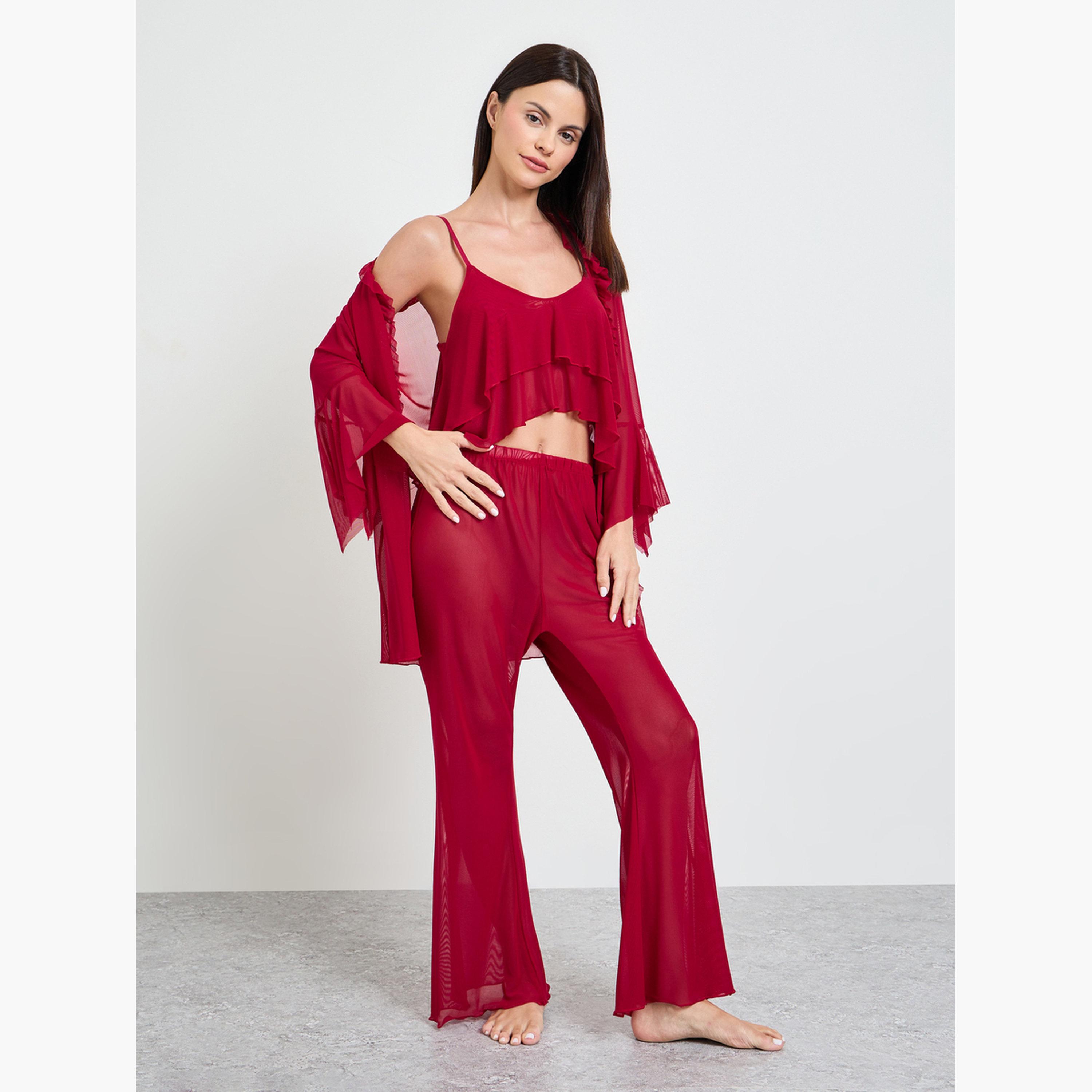 مجموعة من 3 قطع كاميسول قصير بكشكش وبنطال واسع وروب-women-clothing-nightwear-pyjamas-longsets-image-1