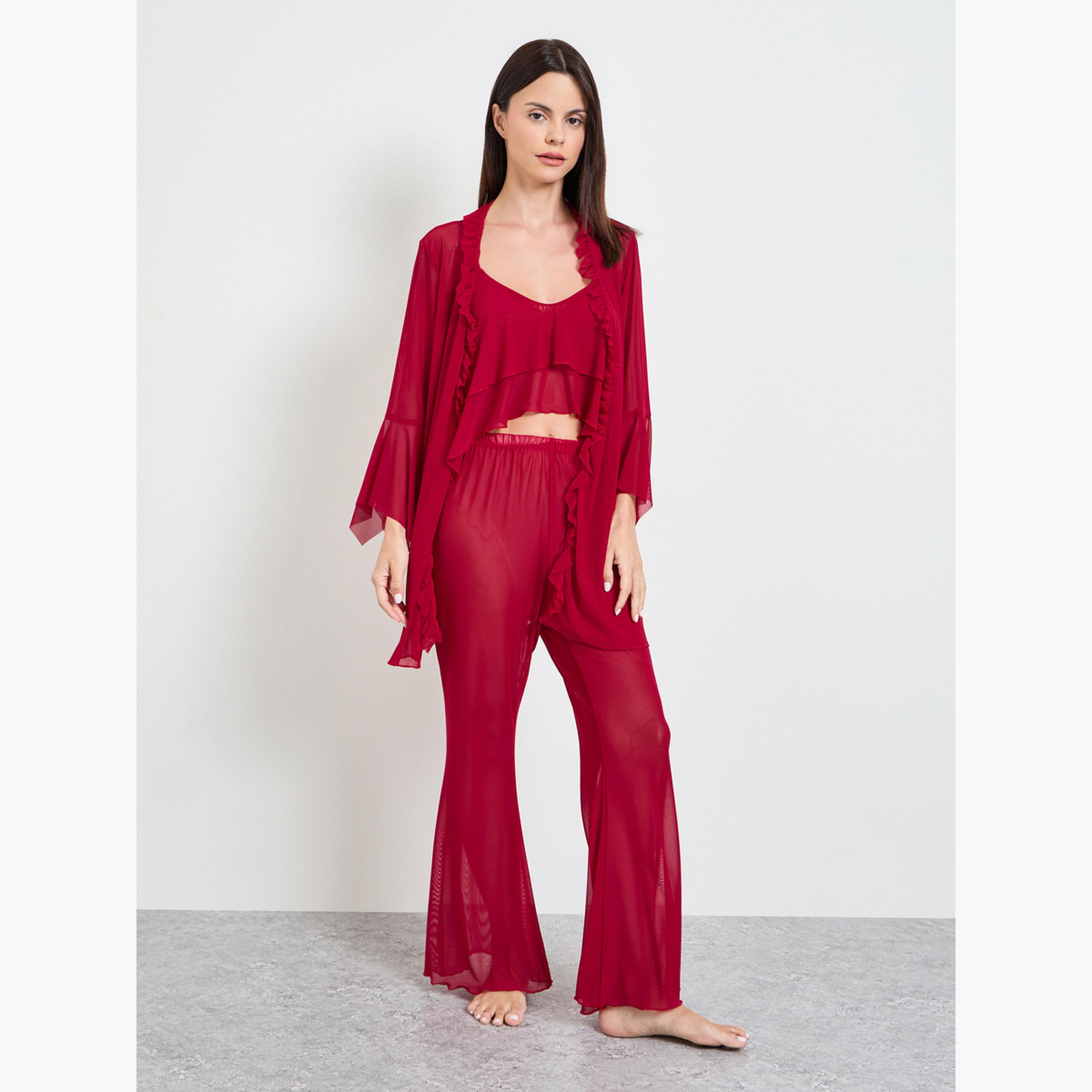 مجموعة من 3 قطع كاميسول قصير بكشكش وبنطال واسع وروب-women-clothing-nightwear-pyjamas-longsets-image-2