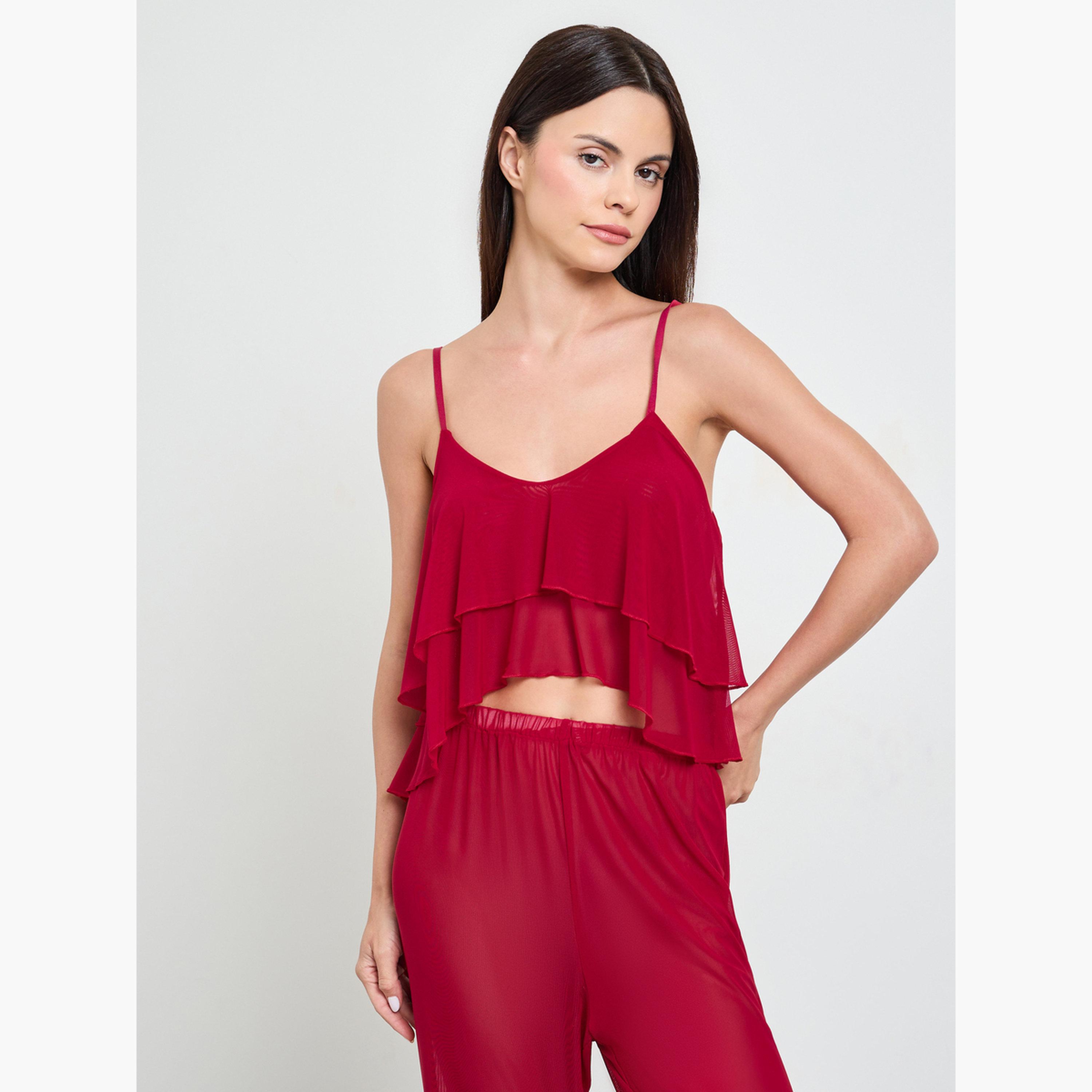 مجموعة من 3 قطع كاميسول قصير بكشكش وبنطال واسع وروب-women-clothing-nightwear-pyjamas-longsets-image-3