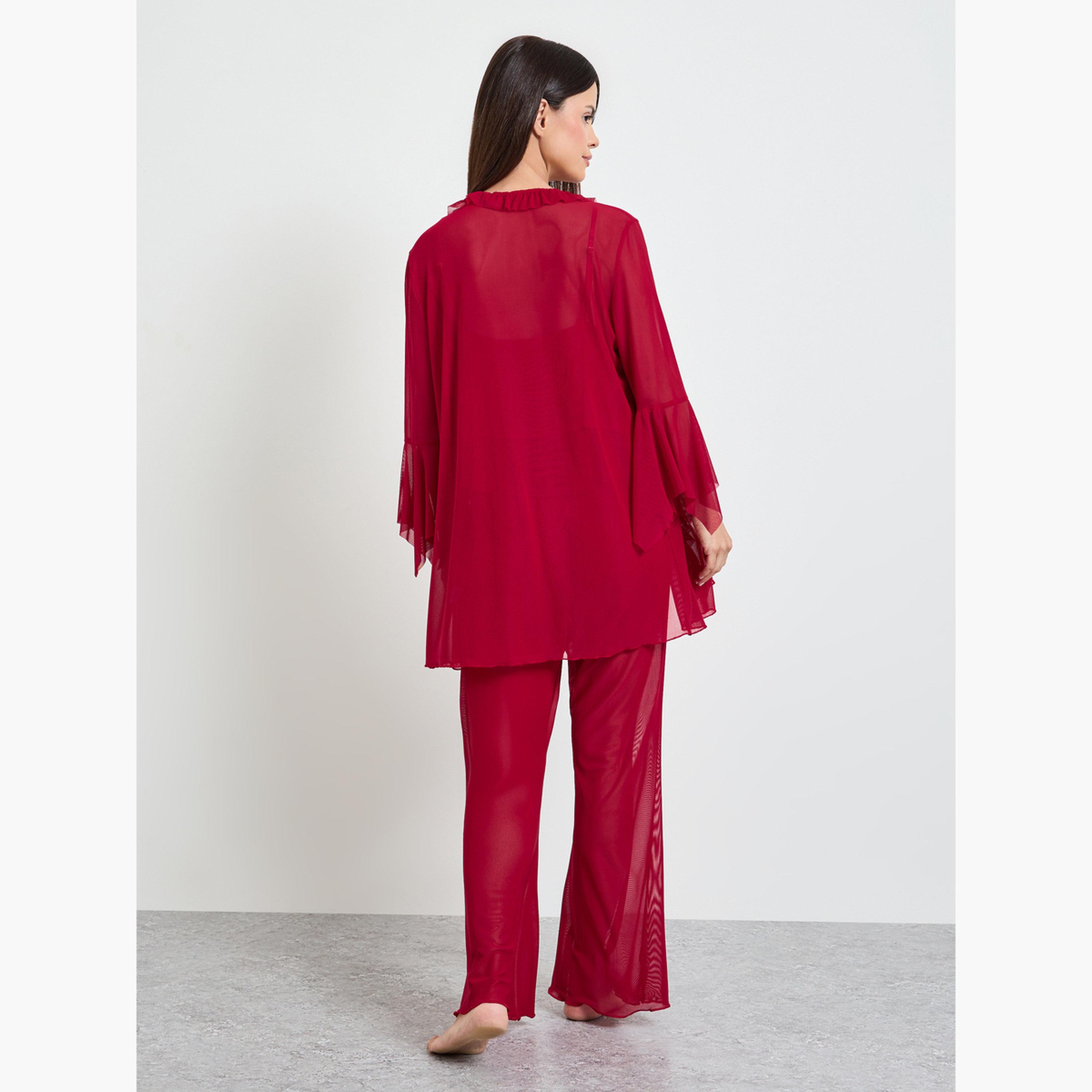 مجموعة من 3 قطع كاميسول قصير بكشكش وبنطال واسع وروب-women-clothing-nightwear-pyjamas-longsets-image-4