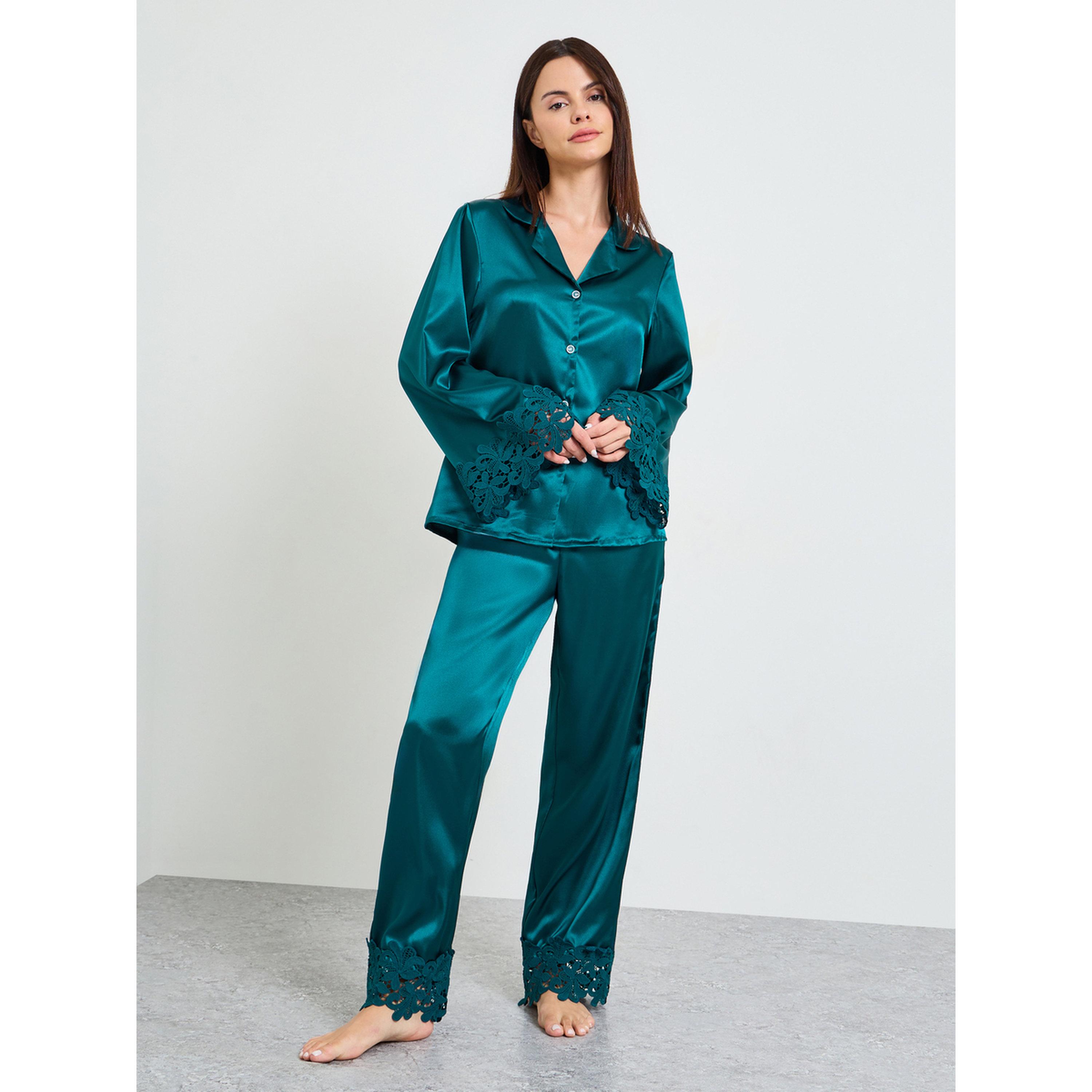 Take Two Turquoise Lace Trim Satin Long Sleeves Shirt and Pants Pajama Set-women-clothing-nightwear-pyjamas-longsets-image-1