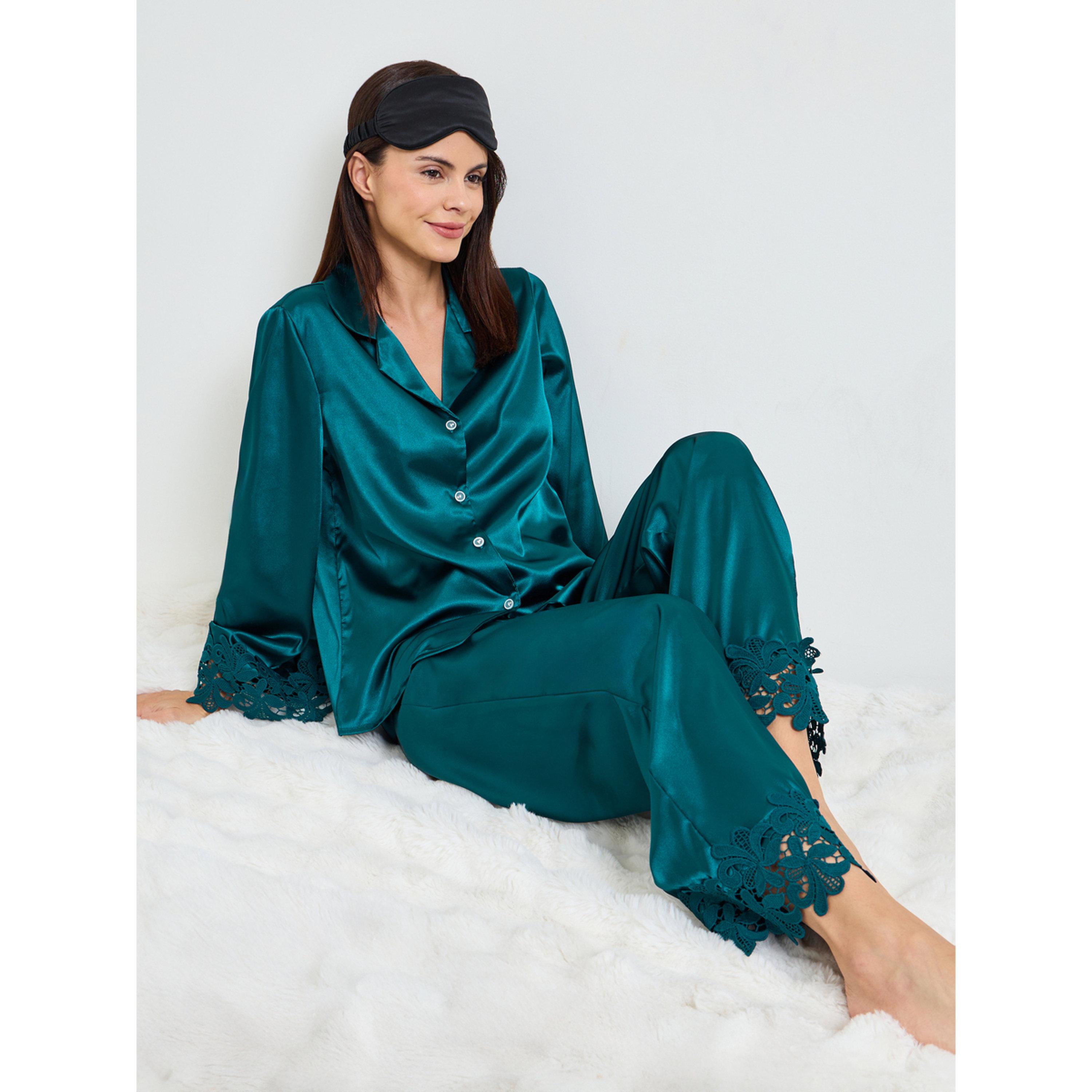 Take Two Turquoise Lace Trim Satin Long Sleeves Shirt and Pants Pajama Set-women-clothing-nightwear-pyjamas-longsets-image-2
