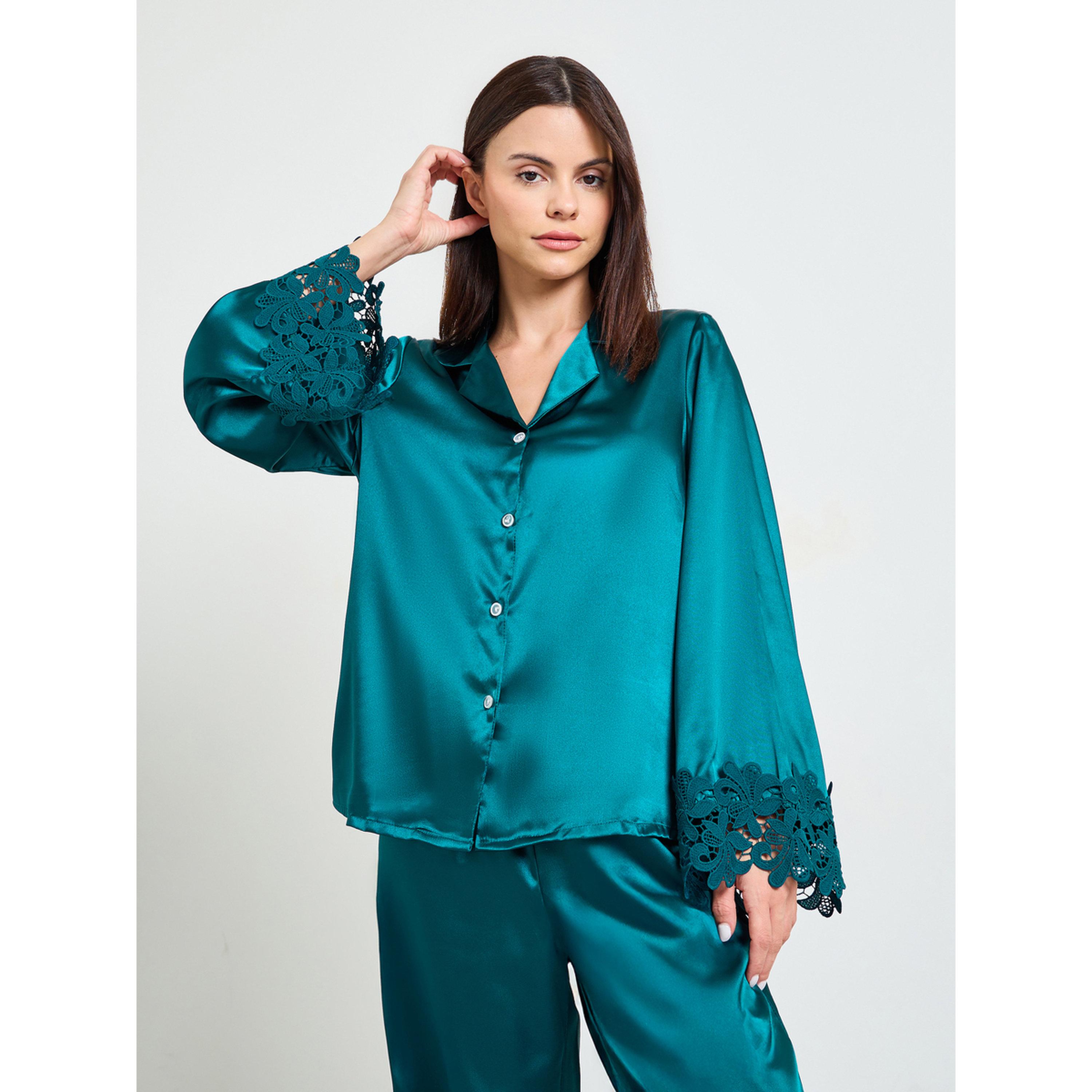 Take Two Turquoise Lace Trim Satin Long Sleeves Shirt and Pants Pajama Set-women-clothing-nightwear-pyjamas-longsets-image-3