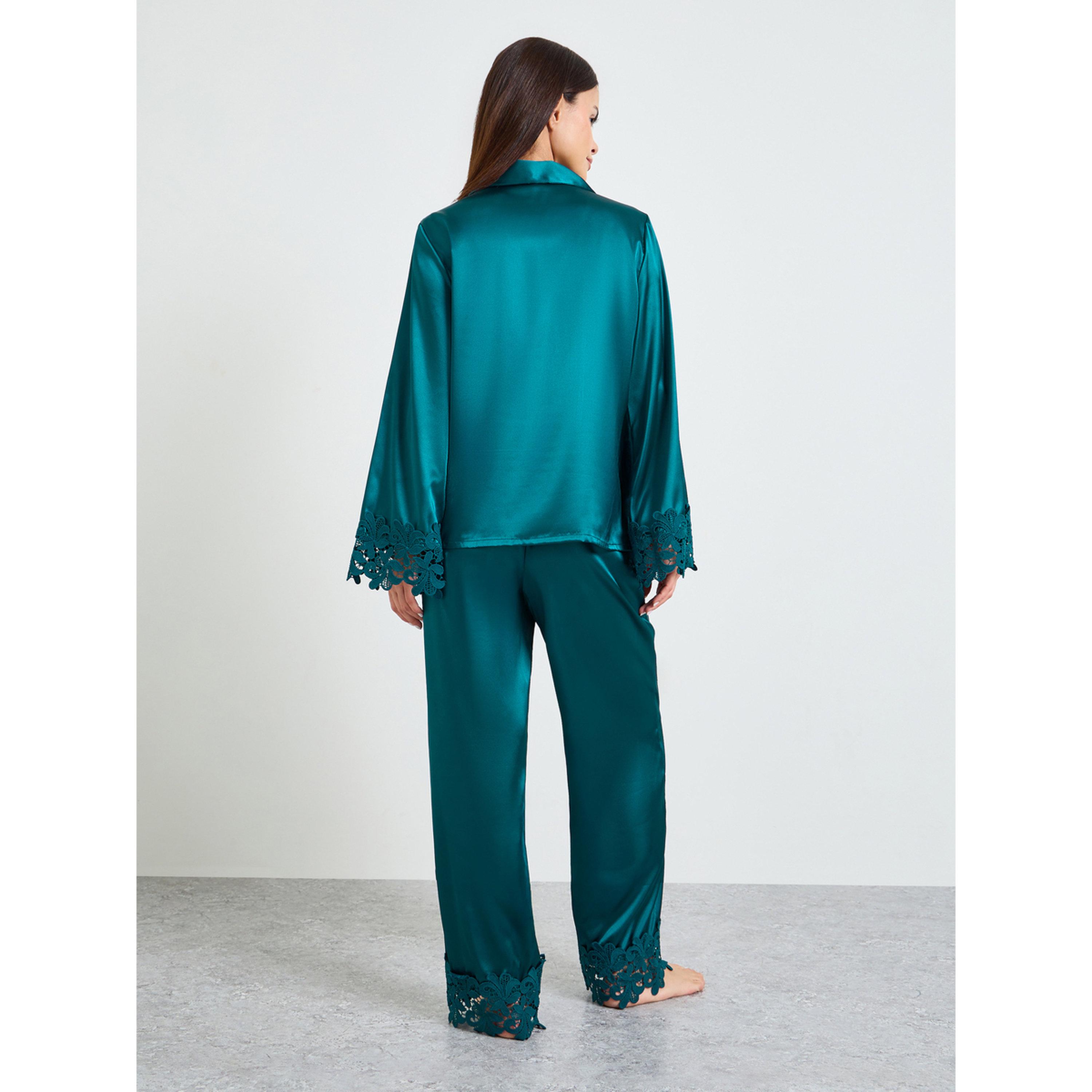 Take Two Turquoise Lace Trim Satin Long Sleeves Shirt and Pants Pajama Set-women-clothing-nightwear-pyjamas-longsets-image-4