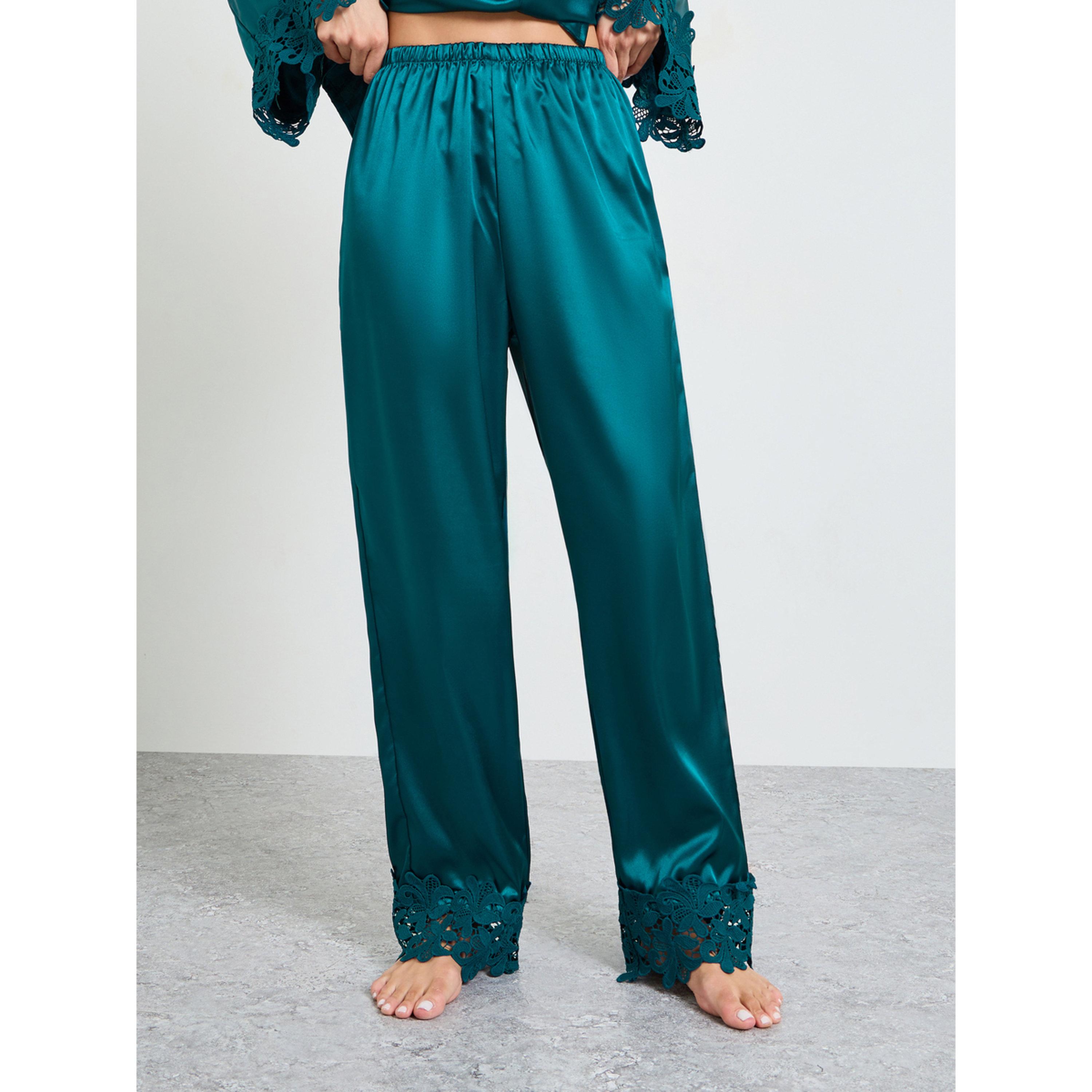 Take Two Turquoise Lace Trim Satin Long Sleeves Shirt and Pants Pajama Set-women-clothing-nightwear-pyjamas-longsets-image-5