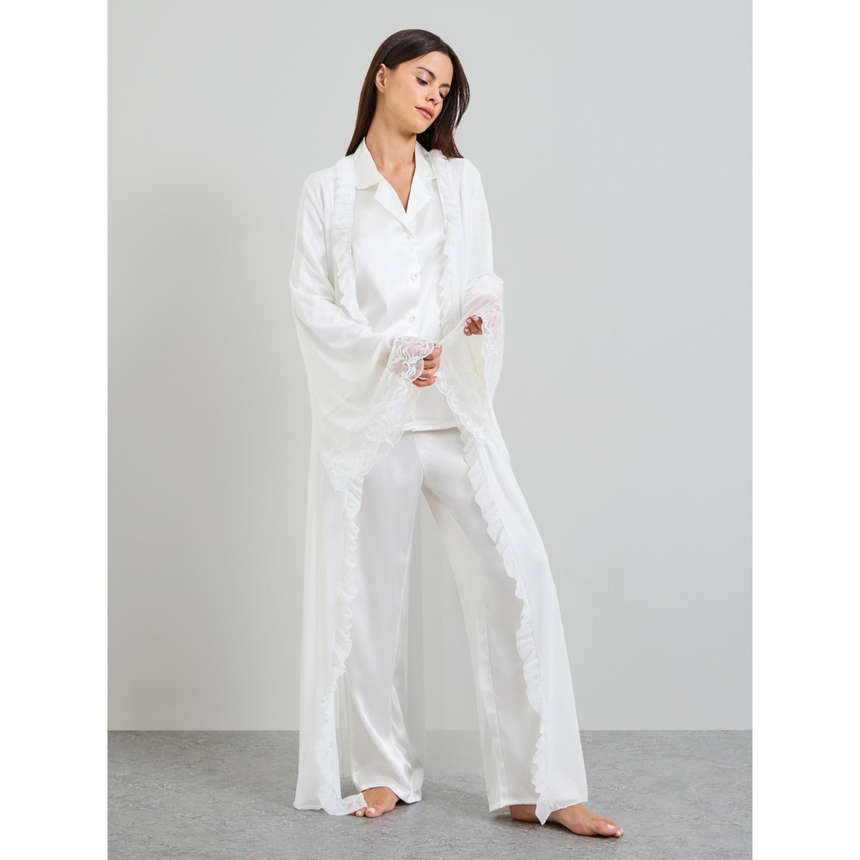 Take Two Pack of 3 - White Satin with lace Details Robe, Shirt and Pants Pajama Set-women-clothing-nightwear-pyjamas-longsets-image-2