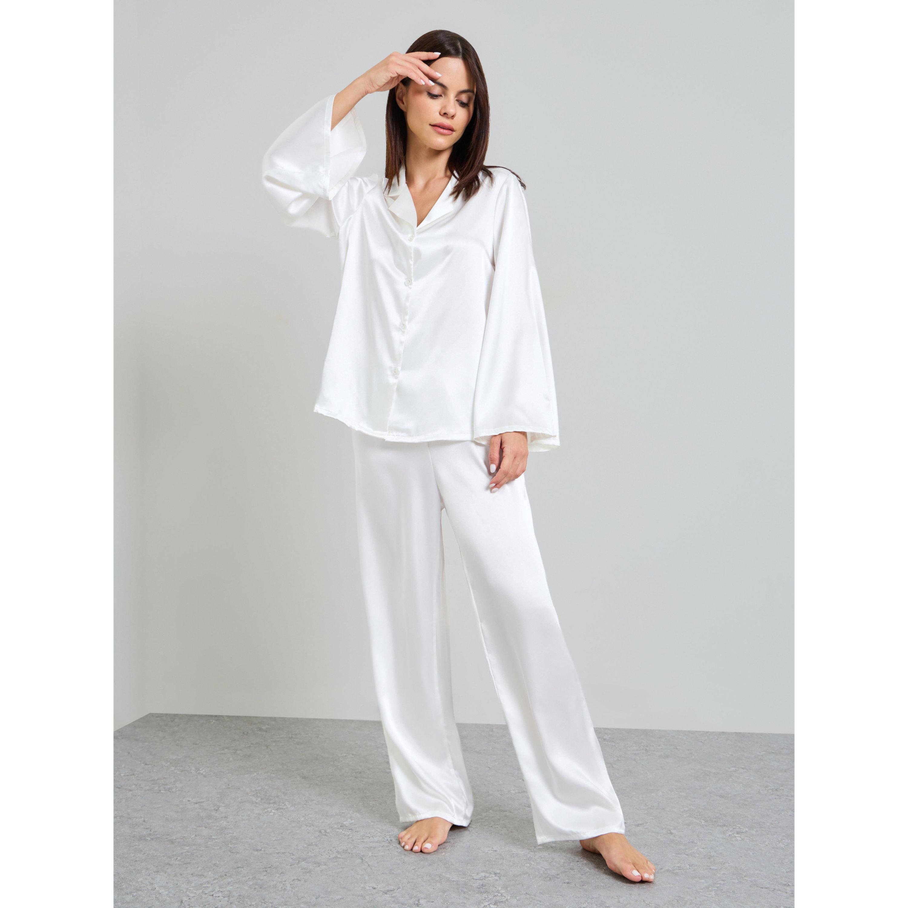 Take Two Pack of 3 - White Satin with lace Details Robe, Shirt and Pants Pajama Set-women-clothing-nightwear-pyjamas-longsets-image-3