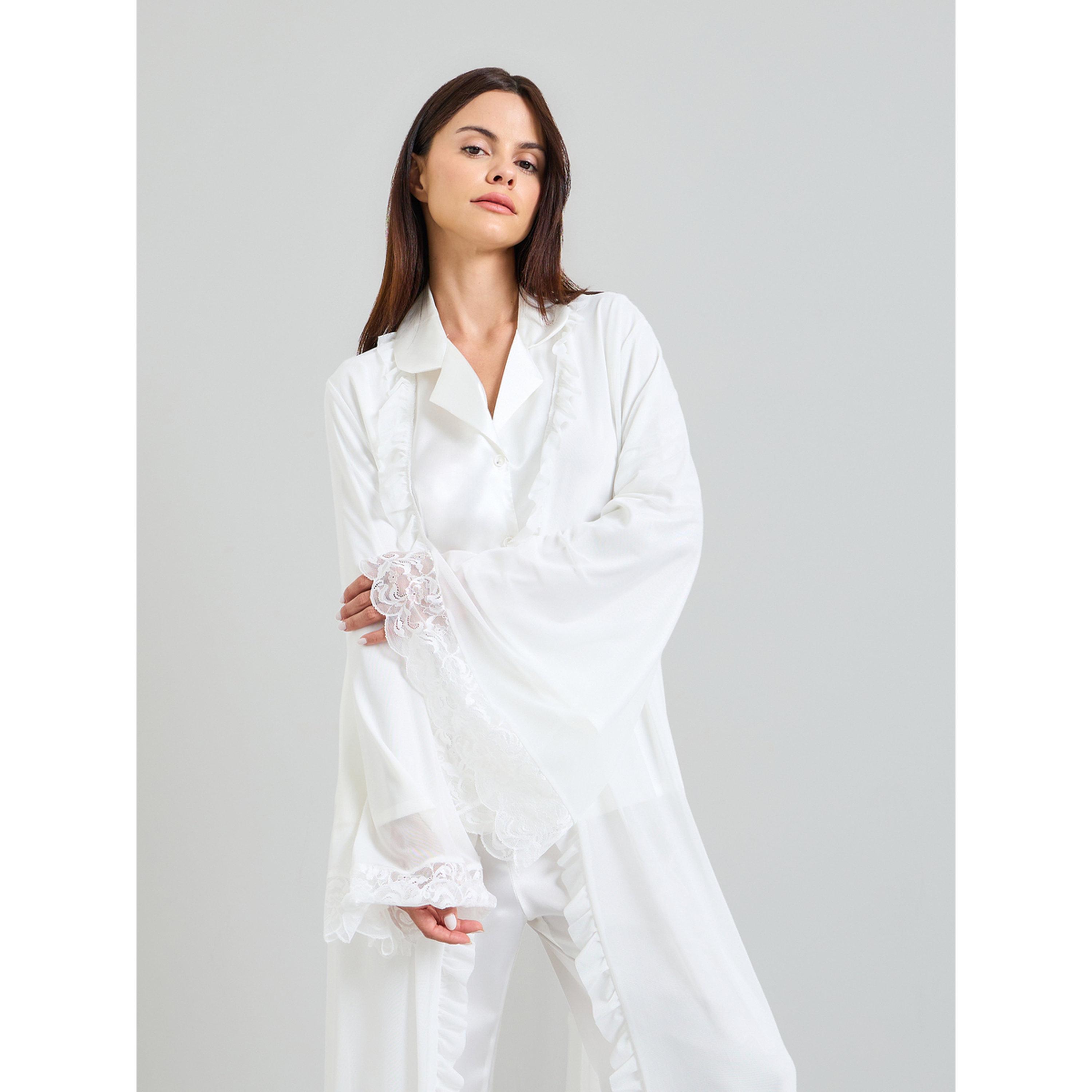 Take Two Pack of 3 - White Satin with lace Details Robe, Shirt and Pants Pajama Set-women-clothing-nightwear-pyjamas-longsets-image-4