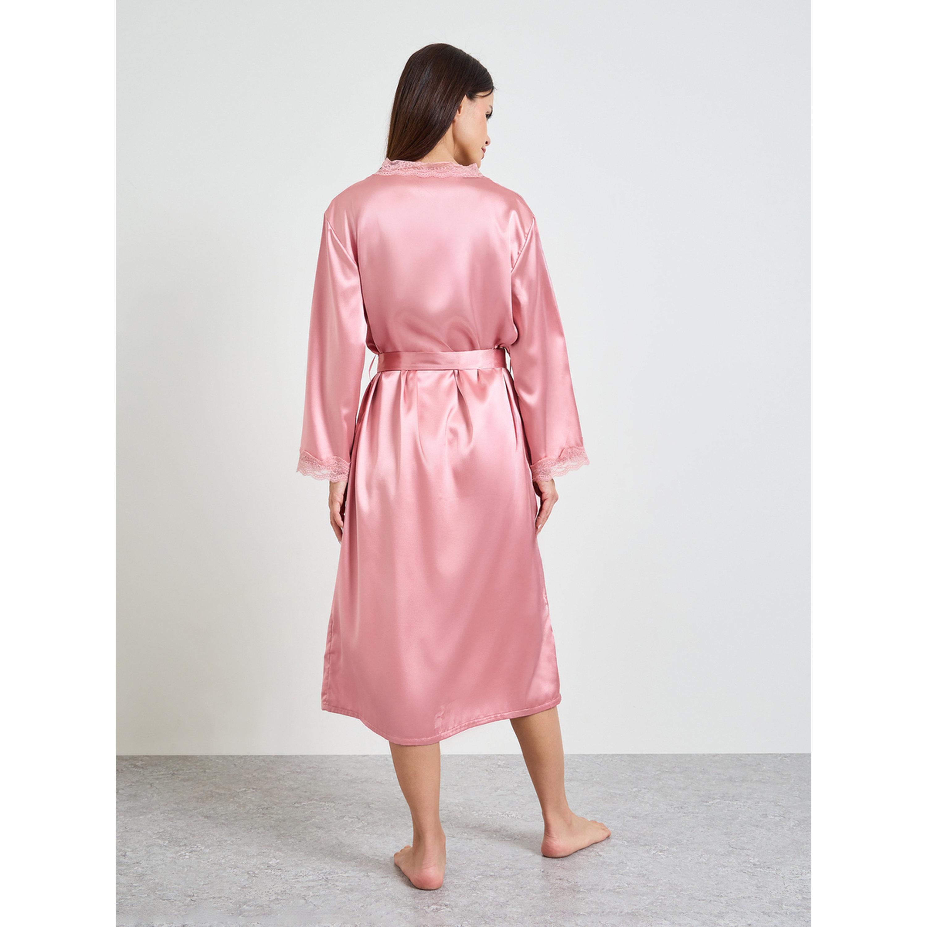 طقم روب وفستان نوم ساتان بتفاصيل دانتيل باللون الوردي-women-clothing-nightwear-robes-image-4