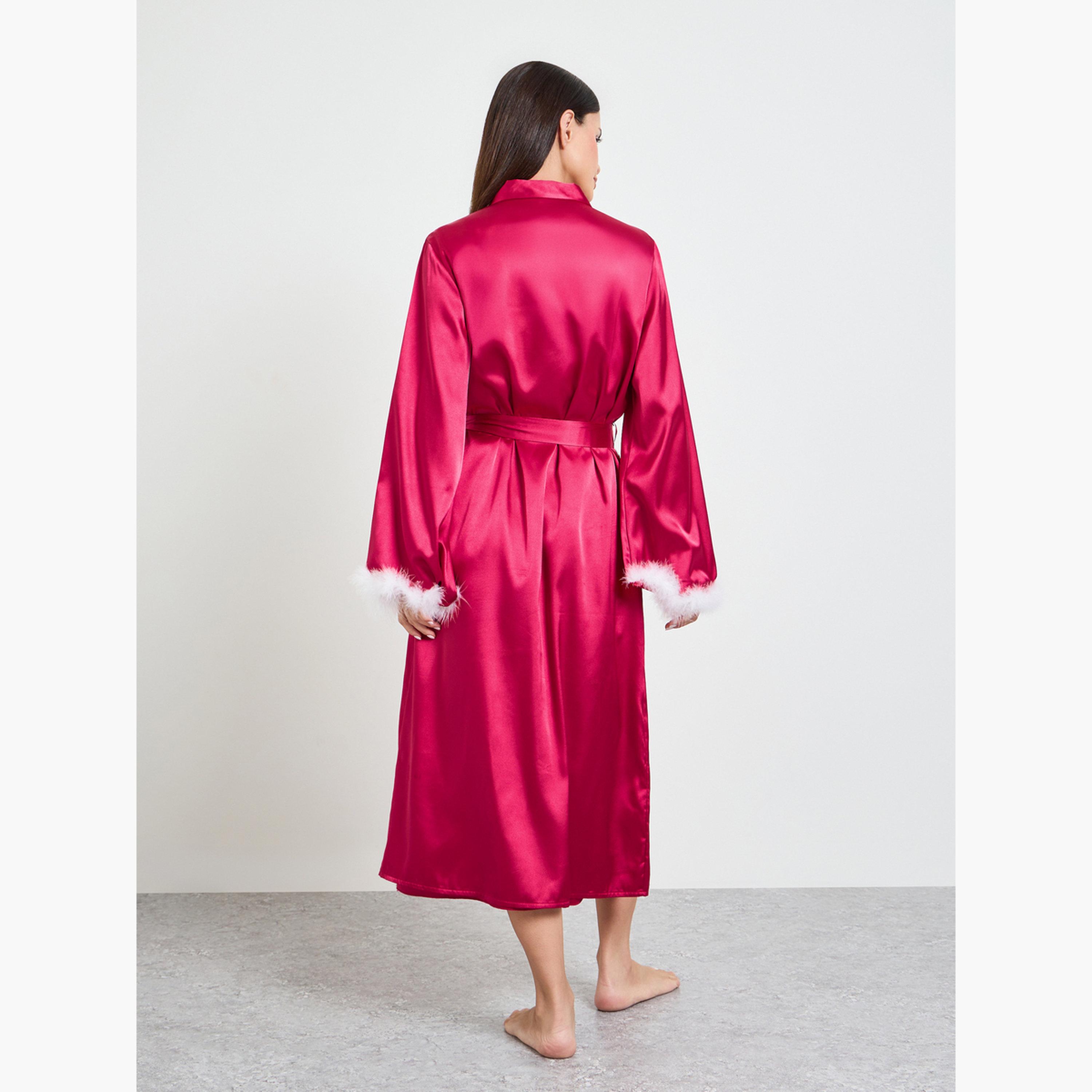 طقم من روب وقميص نوم ساتان بتفاصيل فرو صناعي-women-clothing-nightwear-robes-image-4