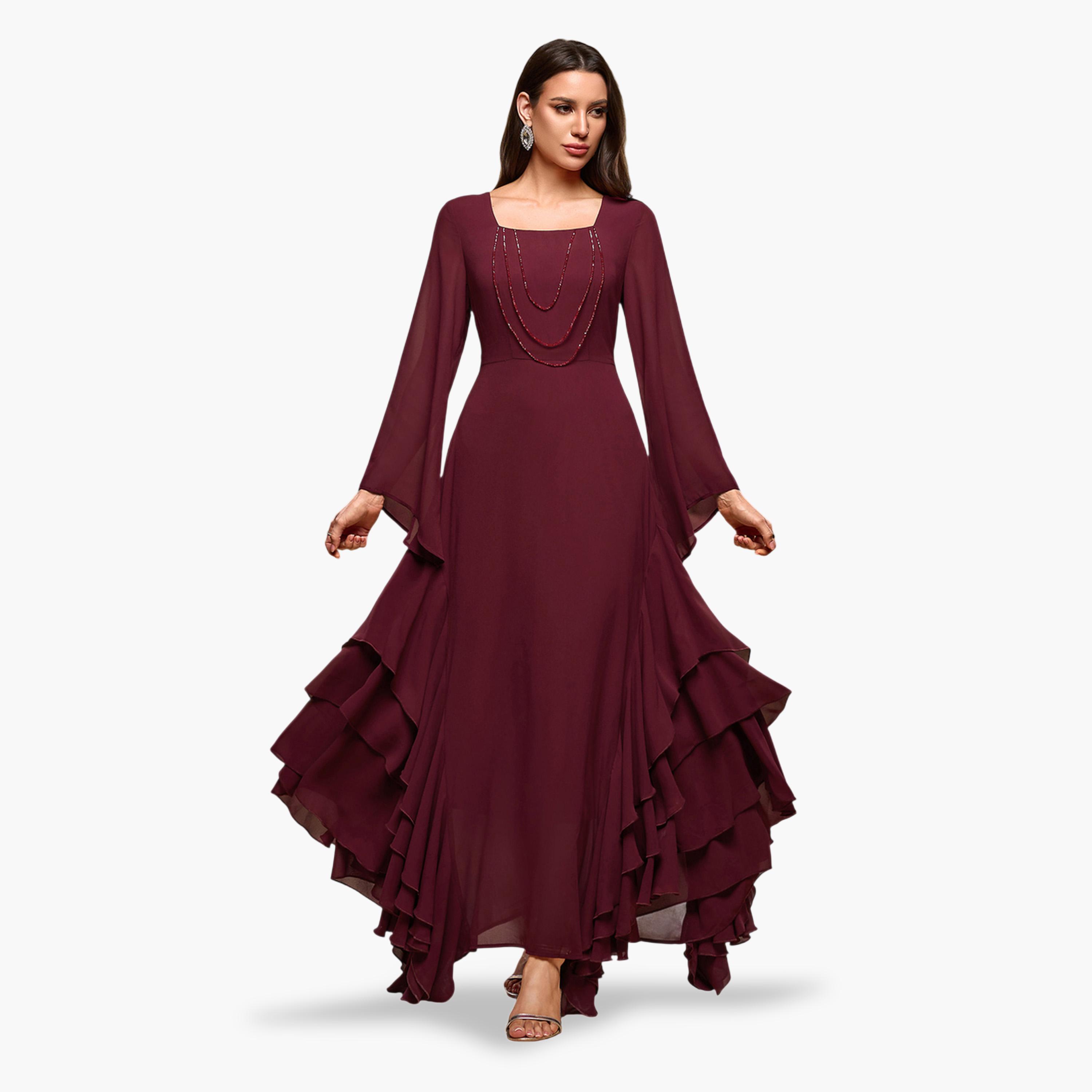 فستان طويل بياقة مربعة وتفاصيل كشكشة بخرز-women-clothing-dresses-image-1