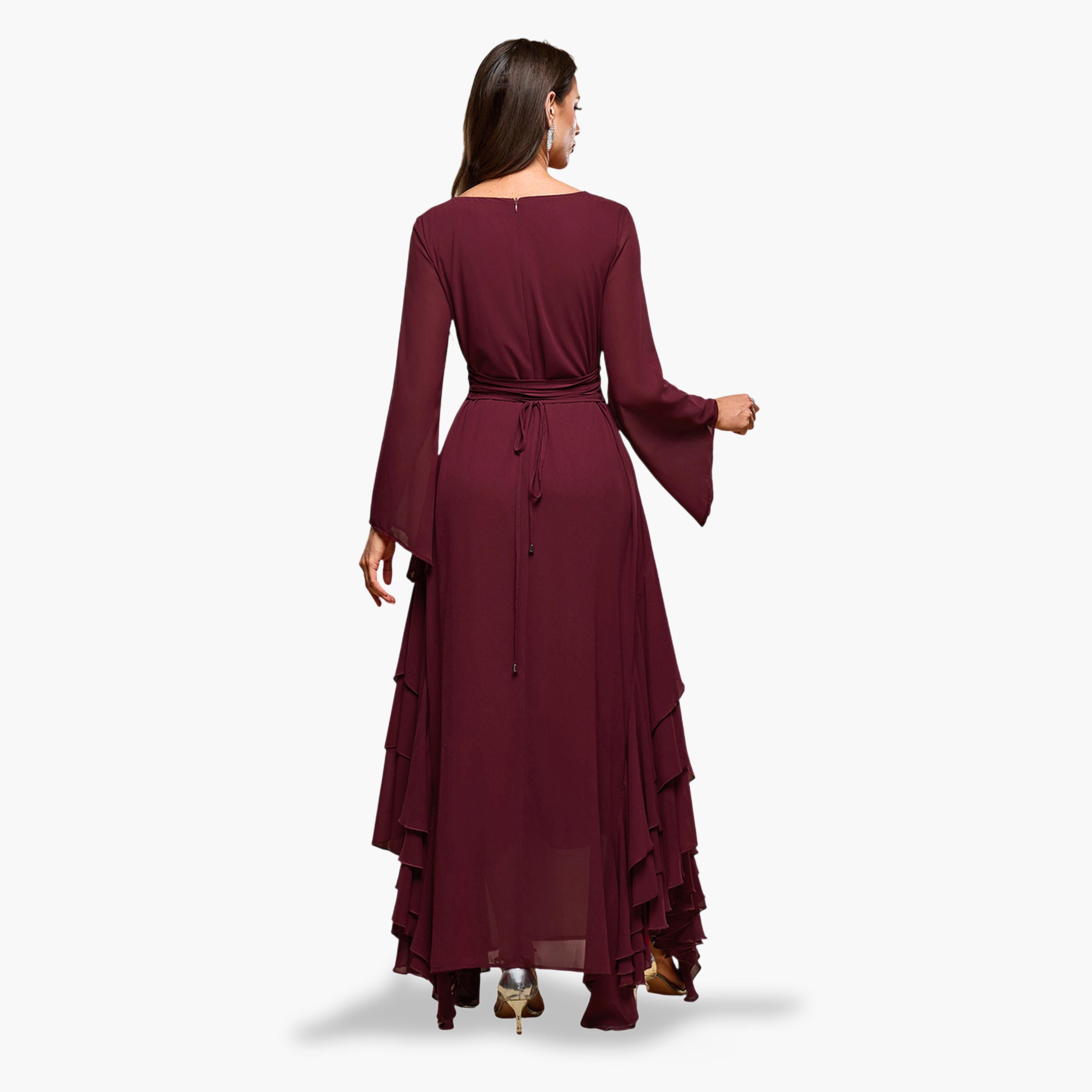 فستان طويل بياقة مربعة وتفاصيل كشكشة بخرز-women-clothing-dresses-image-2