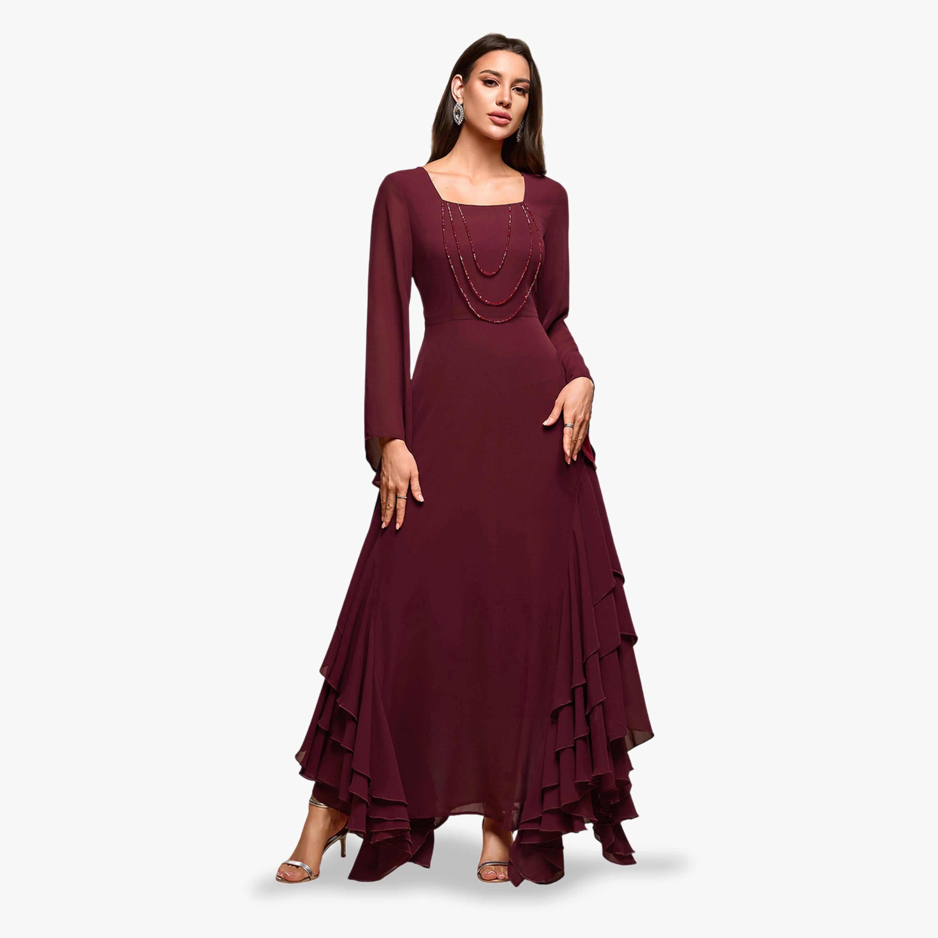 فستان طويل بياقة مربعة وتفاصيل كشكشة بخرز-women-clothing-dresses-image-3