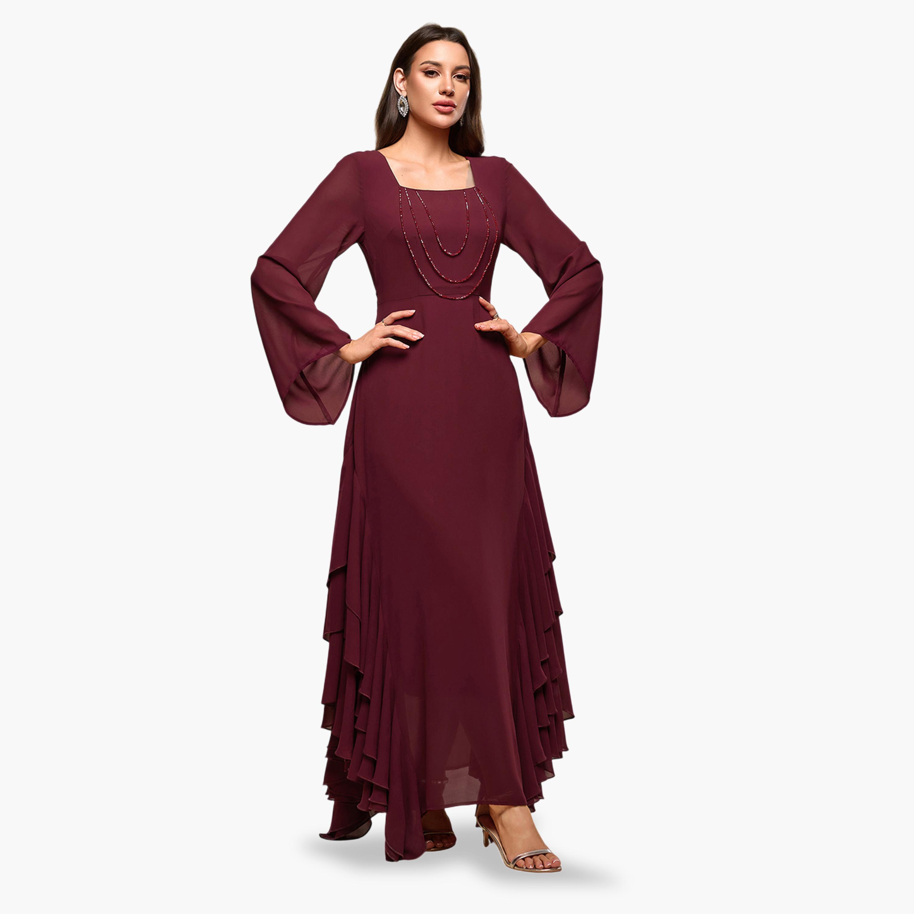 فستان طويل بياقة مربعة وتفاصيل كشكشة بخرز-women-clothing-dresses-image-4