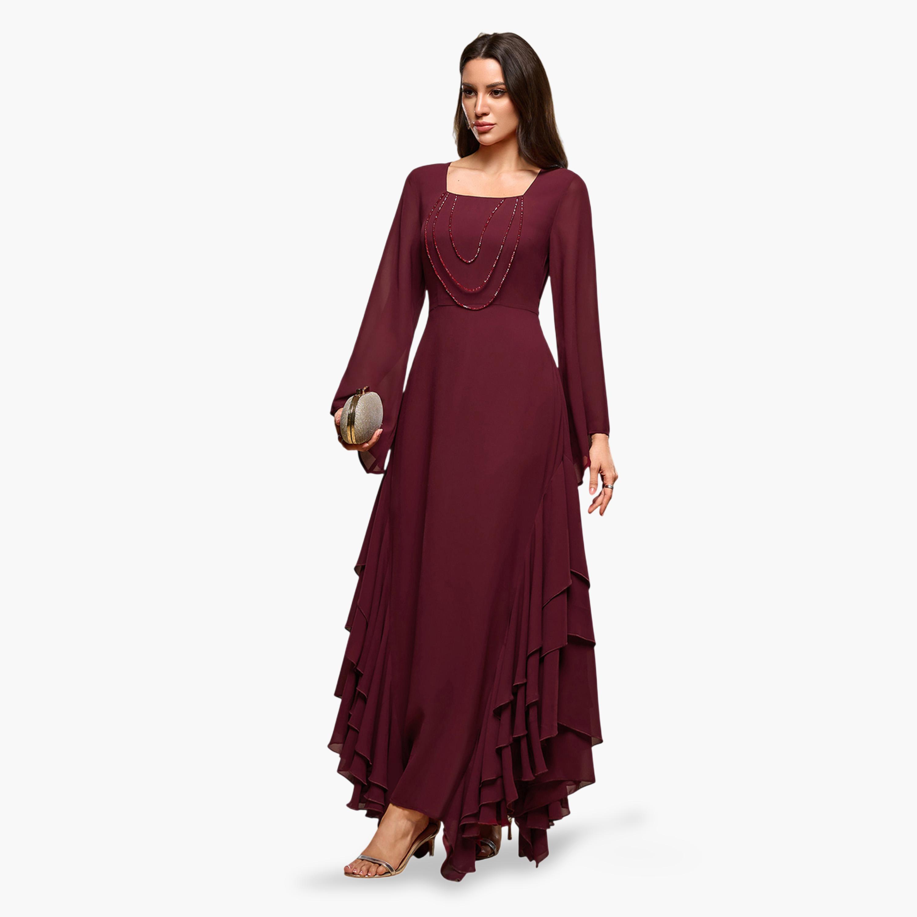فستان طويل بياقة مربعة وتفاصيل كشكشة بخرز-women-clothing-dresses-image-5