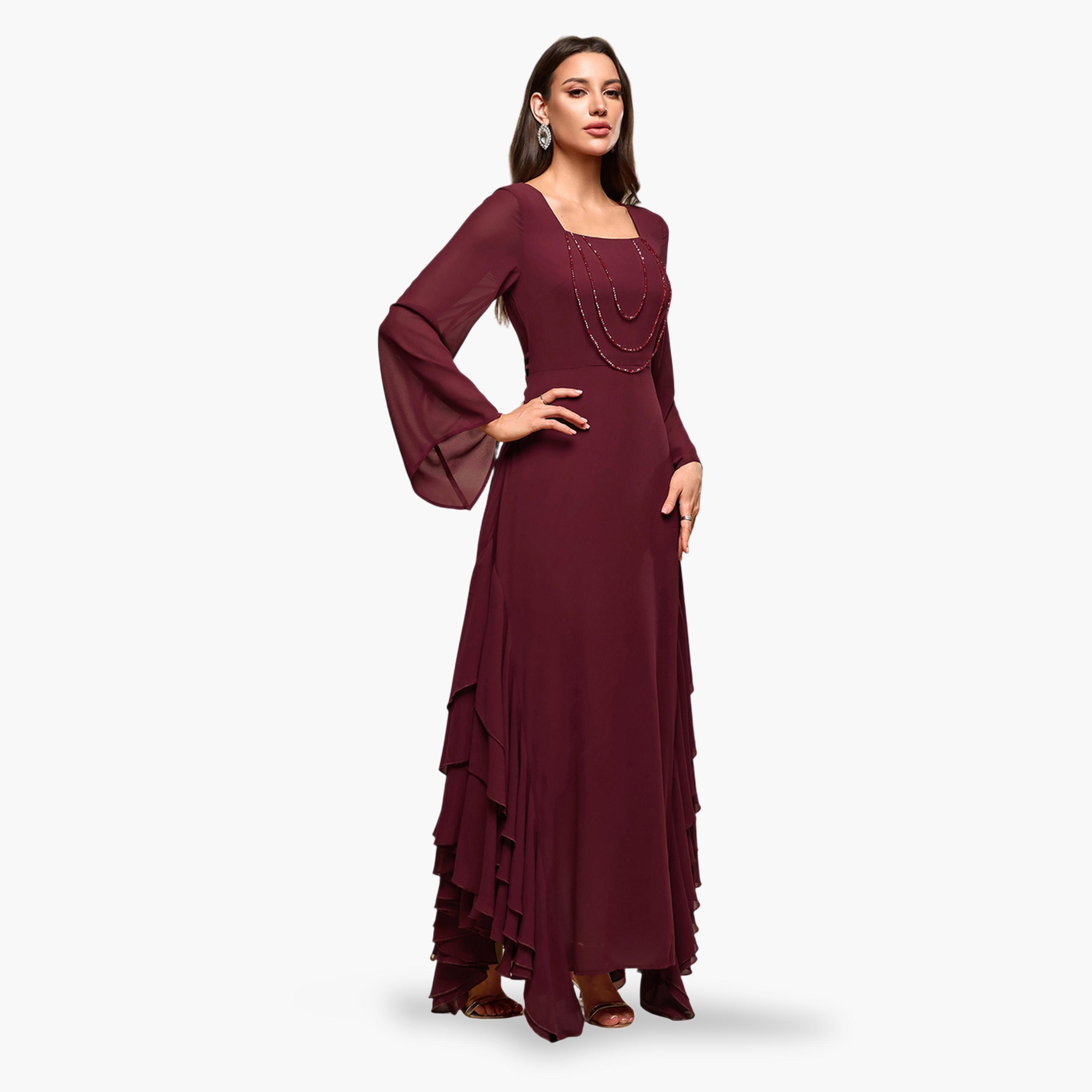 فستان طويل بياقة مربعة وتفاصيل كشكشة بخرز-women-clothing-dresses-image-6
