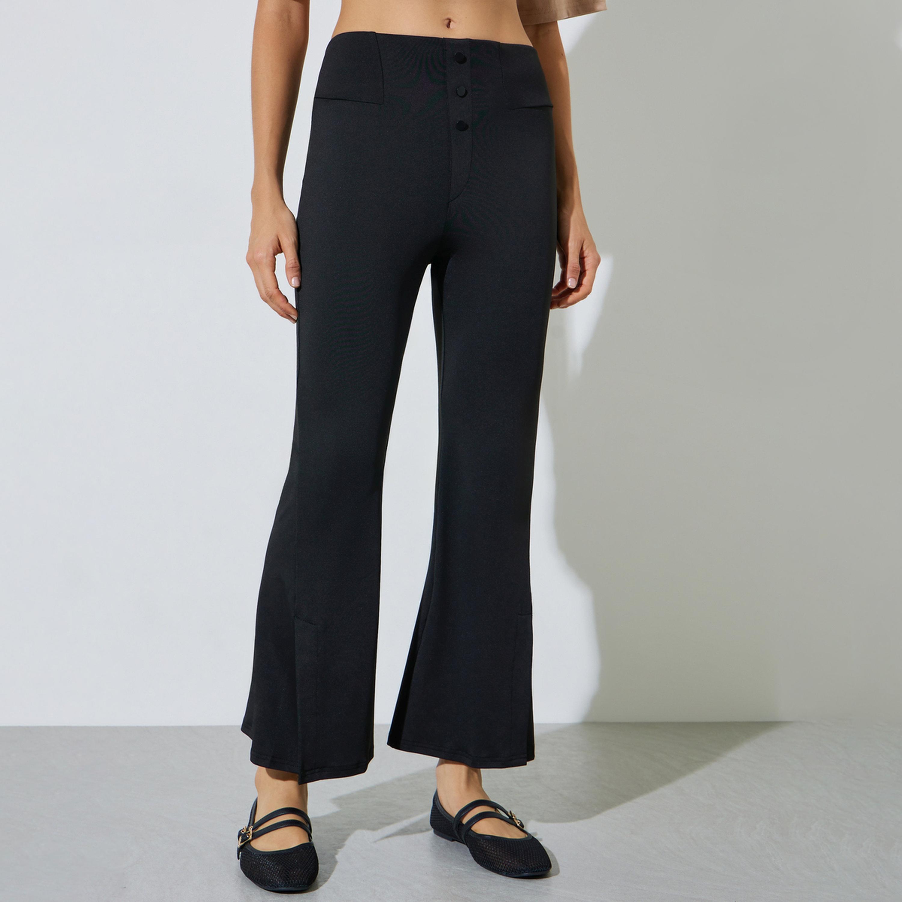 Styli Black Solid Flared Pants with Button Detail-women-clothing-bottoms-joggers-image-1