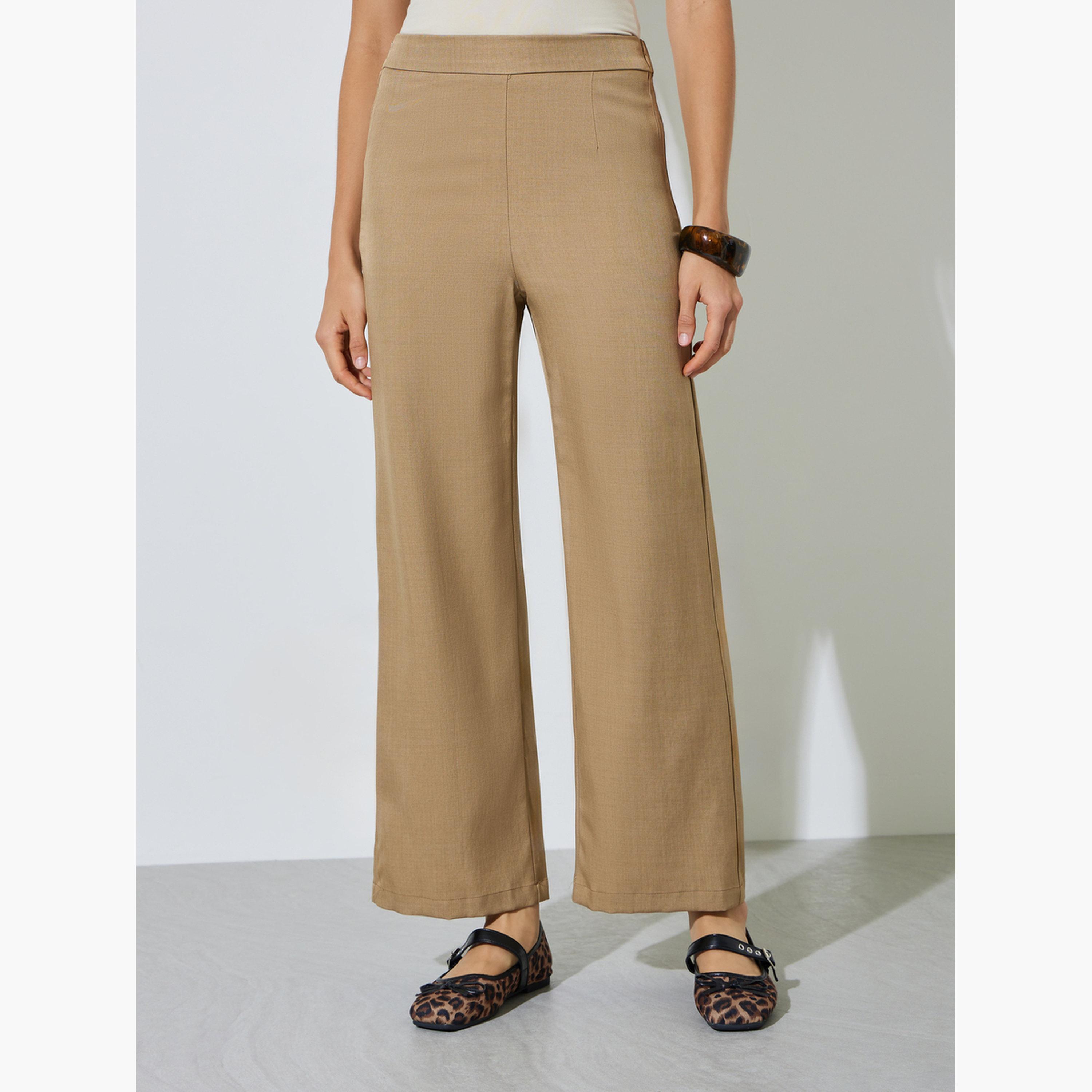 Styli Beige Solid Wide Leg Pants with Elasticated Waistband-women-clothing-bottoms-joggers-image-1