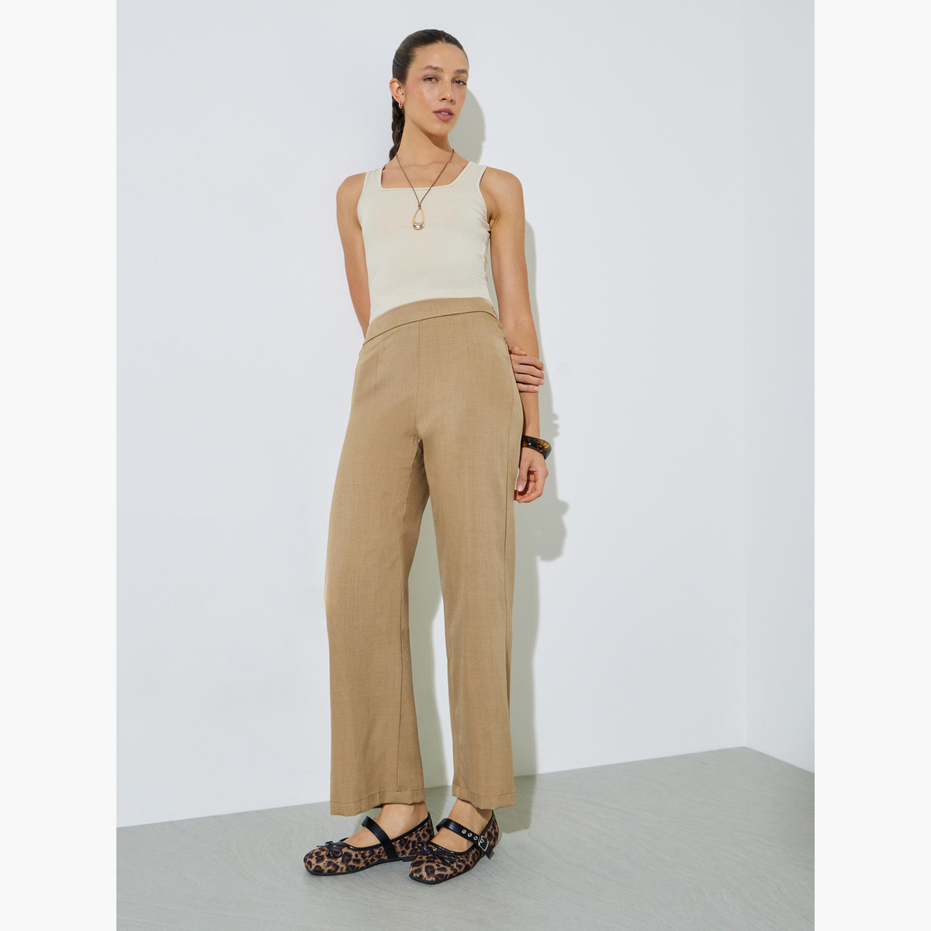 Styli Beige Solid Wide Leg Pants with Elasticated Waistband-women-clothing-bottoms-joggers-image-2