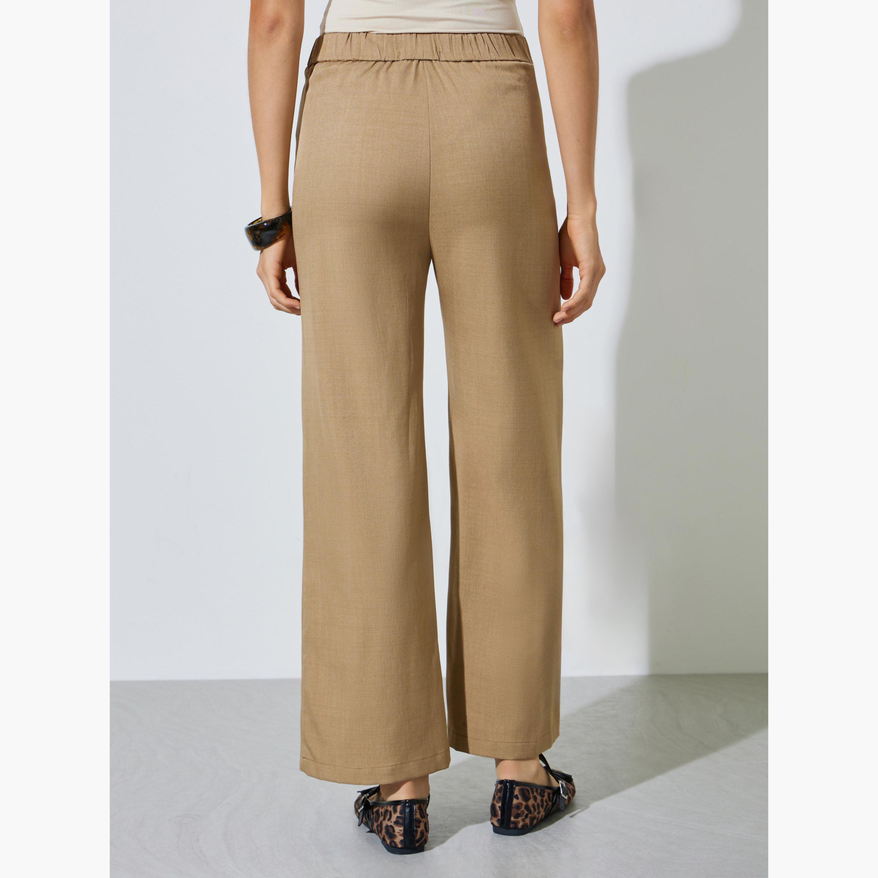 Styli Beige Solid Wide Leg Pants with Elasticated Waistband-women-clothing-bottoms-joggers-image-4