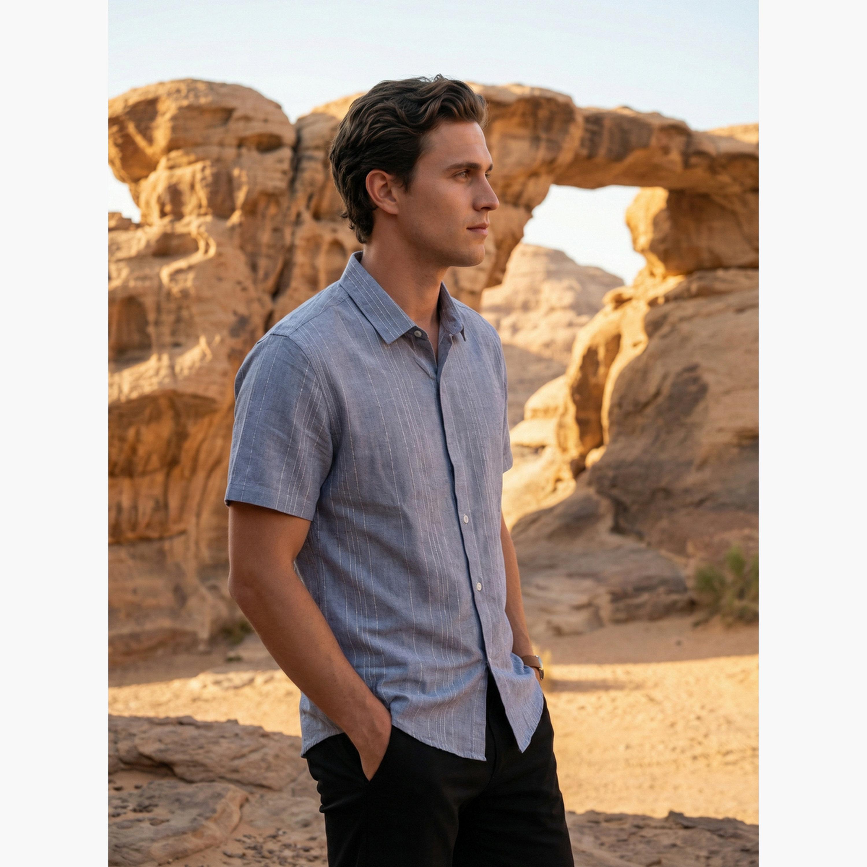 قميص كاجوال بأكمام قصيرة وقصة مريحة للرجال-men-clothing-shirts-image-3