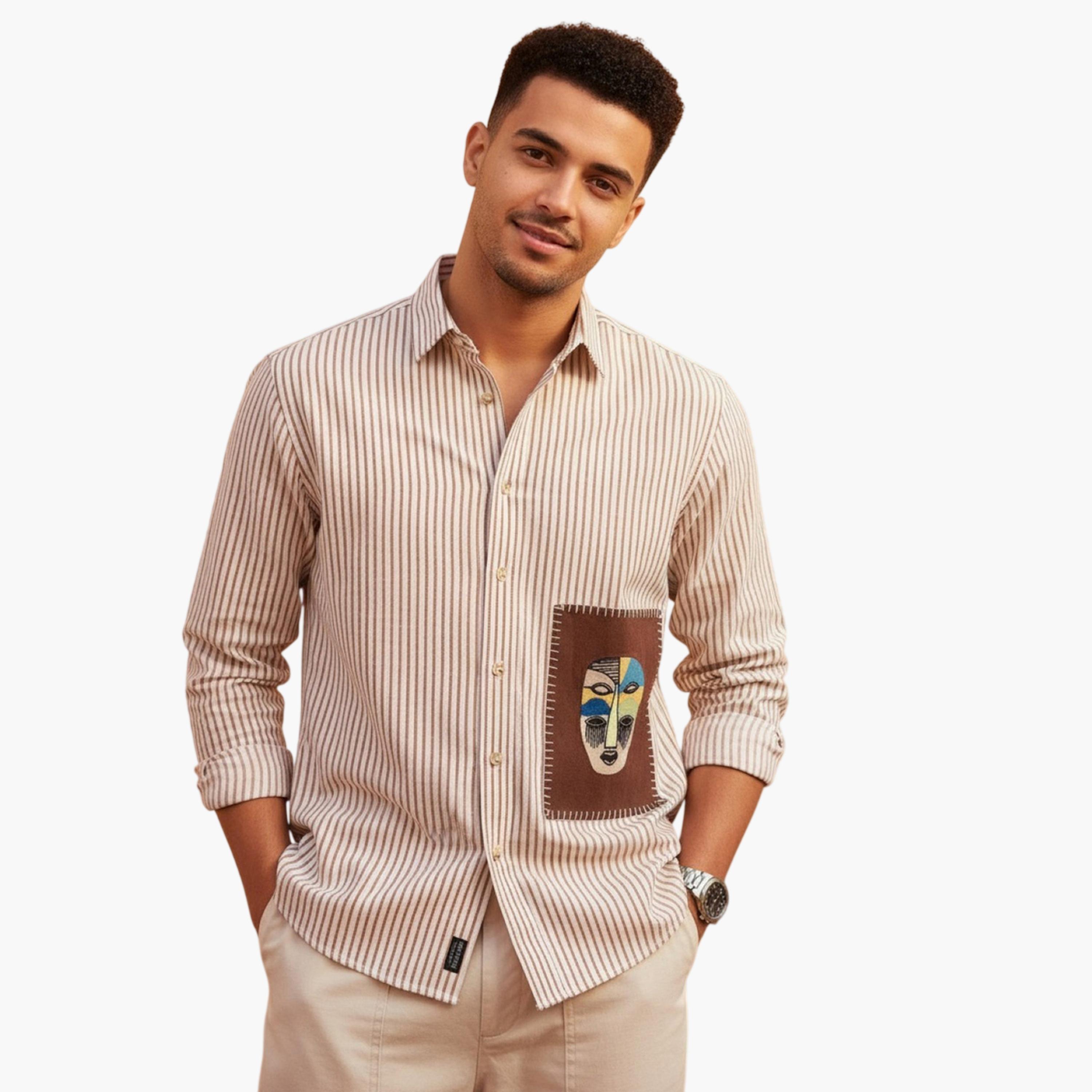 ترولوم & × ستايلي - قميص رجالي أبيض مخطط من القطن بقصة عادية-men-clothing-shirts-image-1