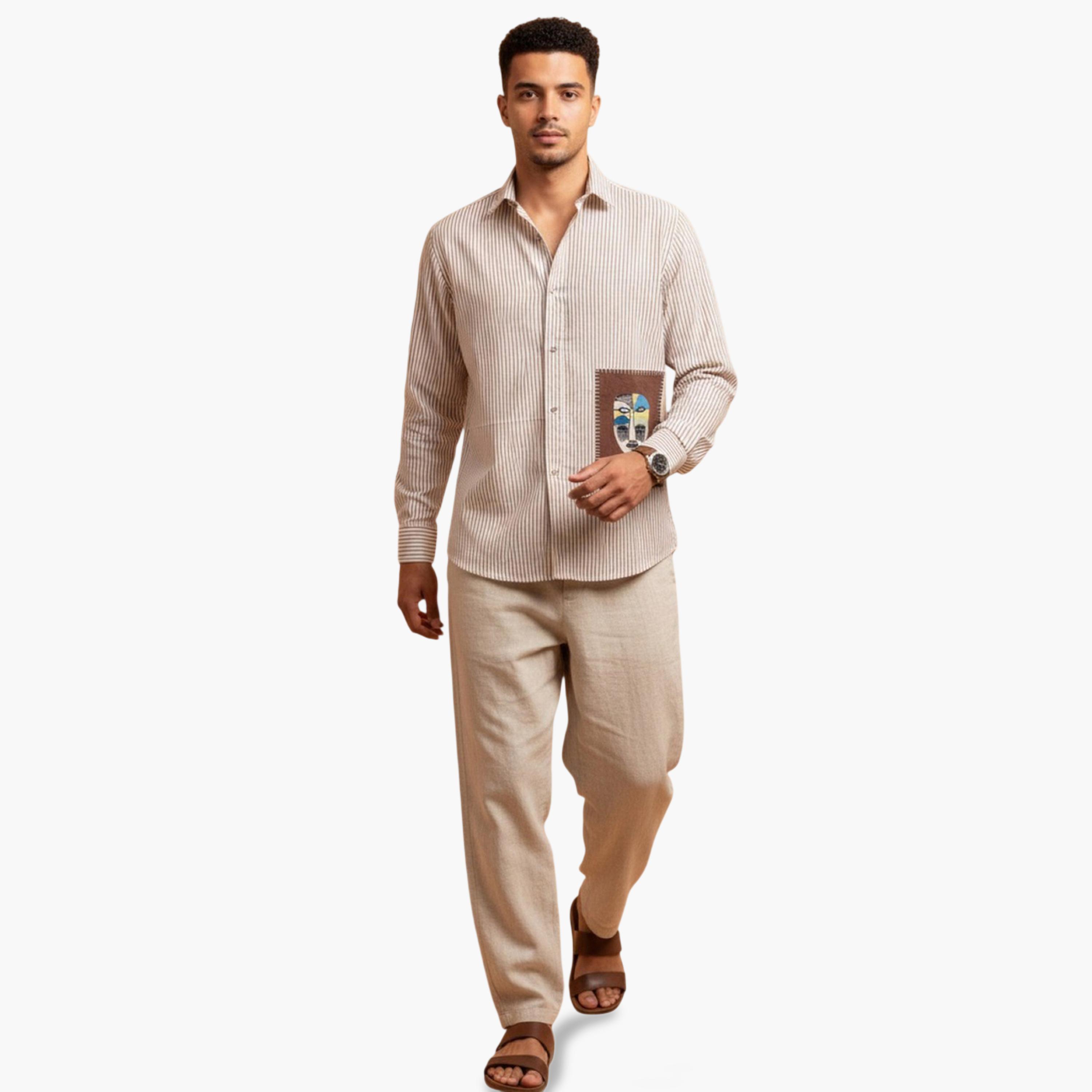 ترولوم & × ستايلي - قميص رجالي أبيض مخطط من القطن بقصة عادية-men-clothing-shirts-image-2