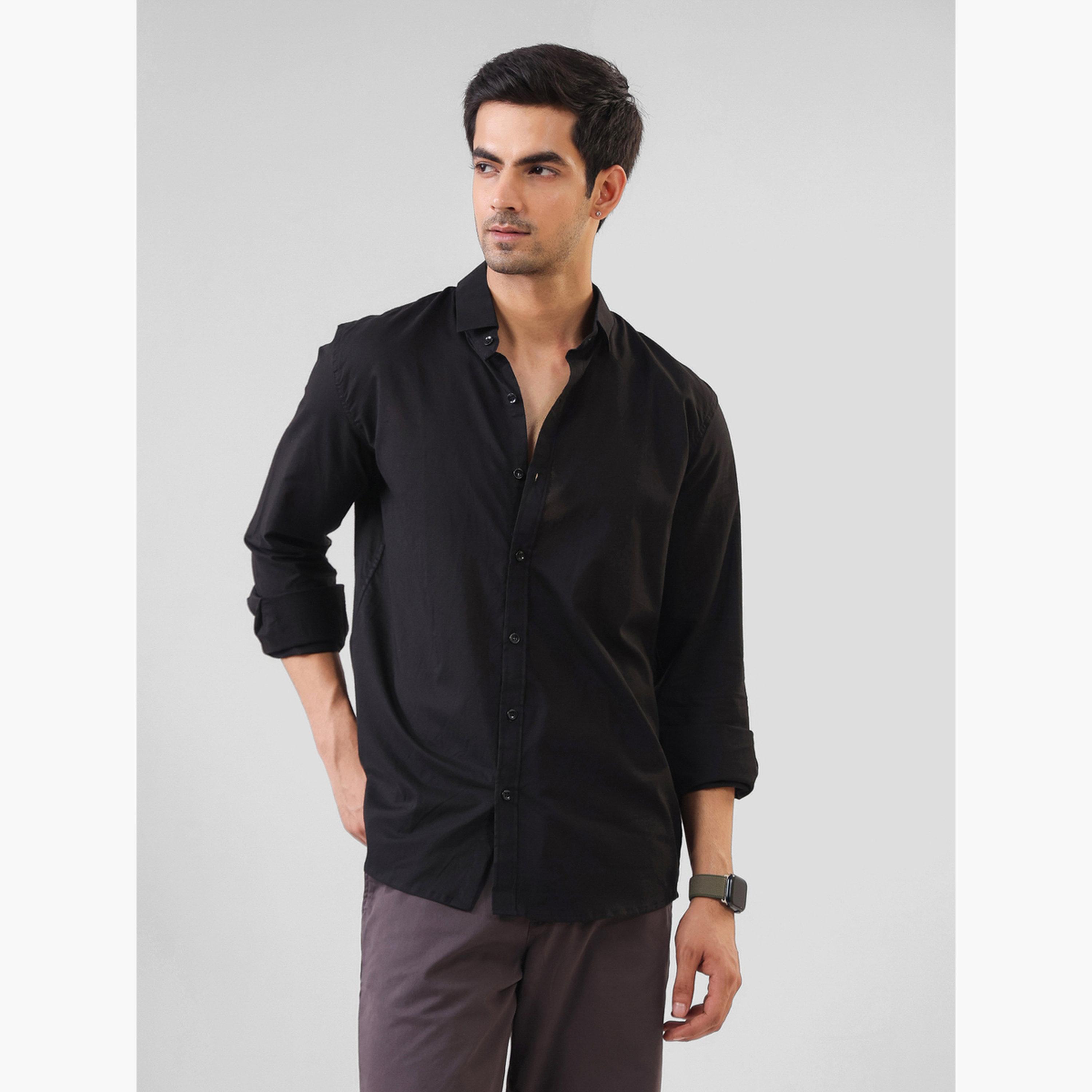 قميص قطن سادة بقصة مريحة للرجال-men-clothing-shirts-image-1