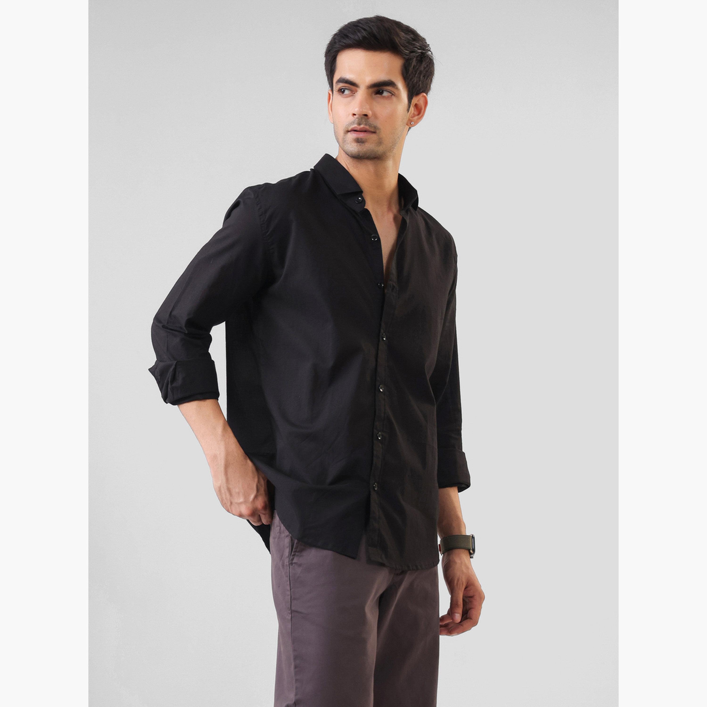 قميص قطن سادة بقصة مريحة للرجال-men-clothing-shirts-image-3